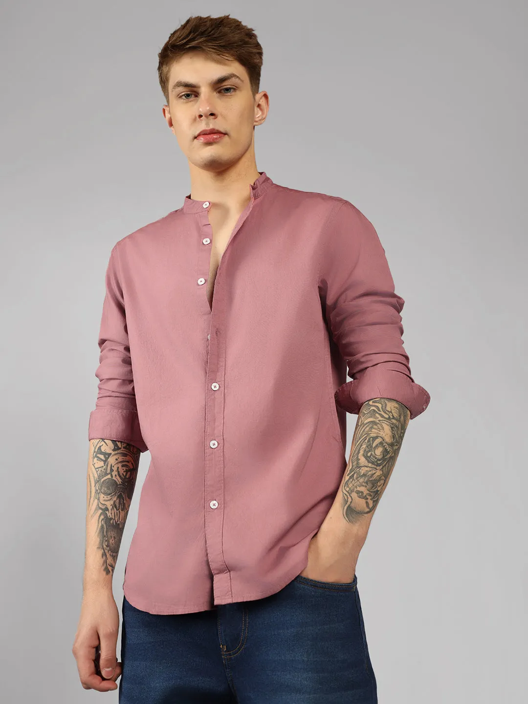 Men's Solid Mandarin Collar Dusty Pink Casual Shirt