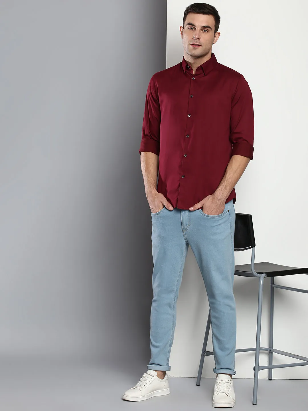 Men's Solid Slim Fit Satin Lycra Casual Shirt With Concealed Button Down & Full Sleeves