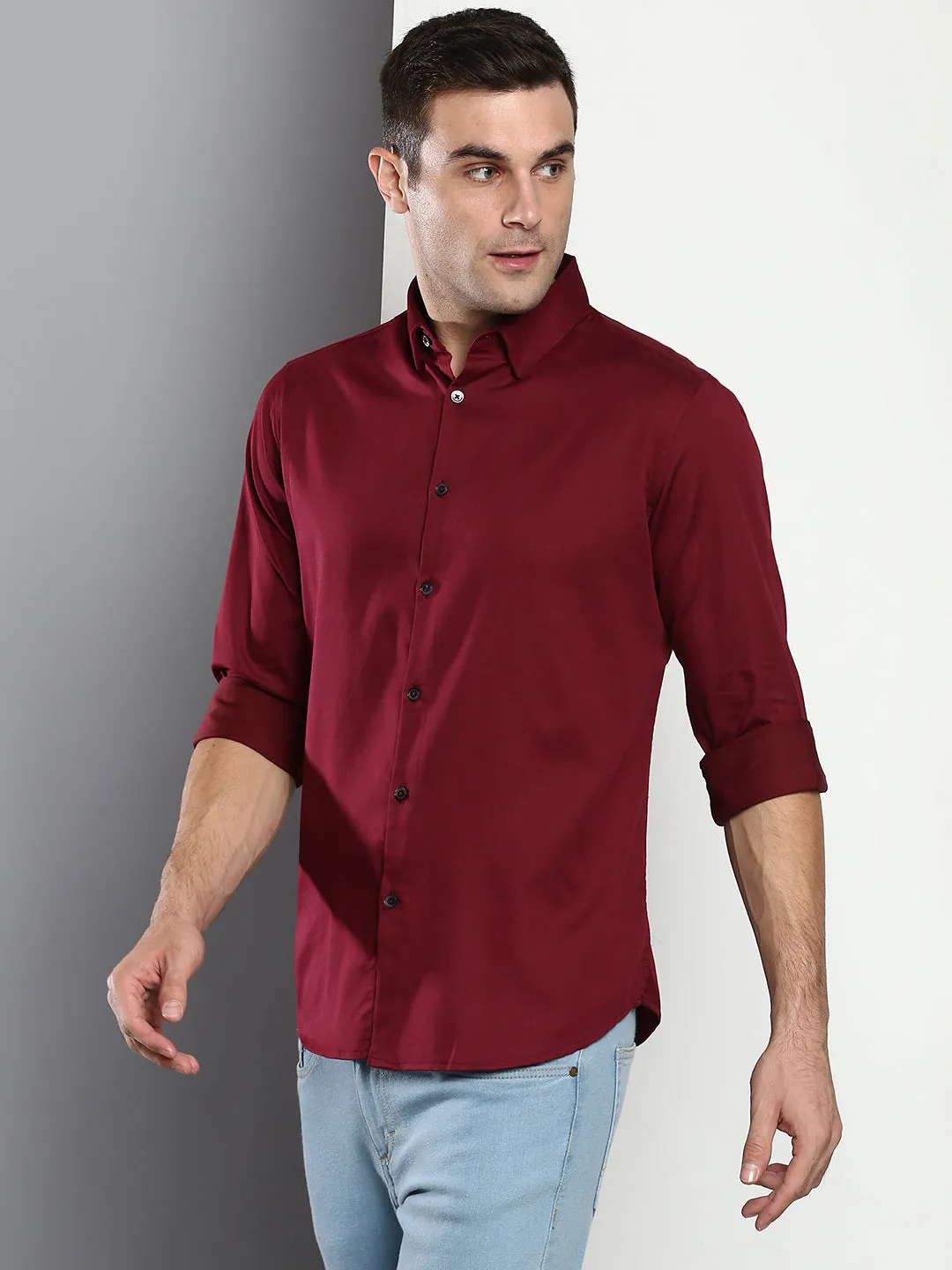 Men's Solid Slim Fit Satin Lycra Casual Shirt With Concealed Button Down & Full Sleeves