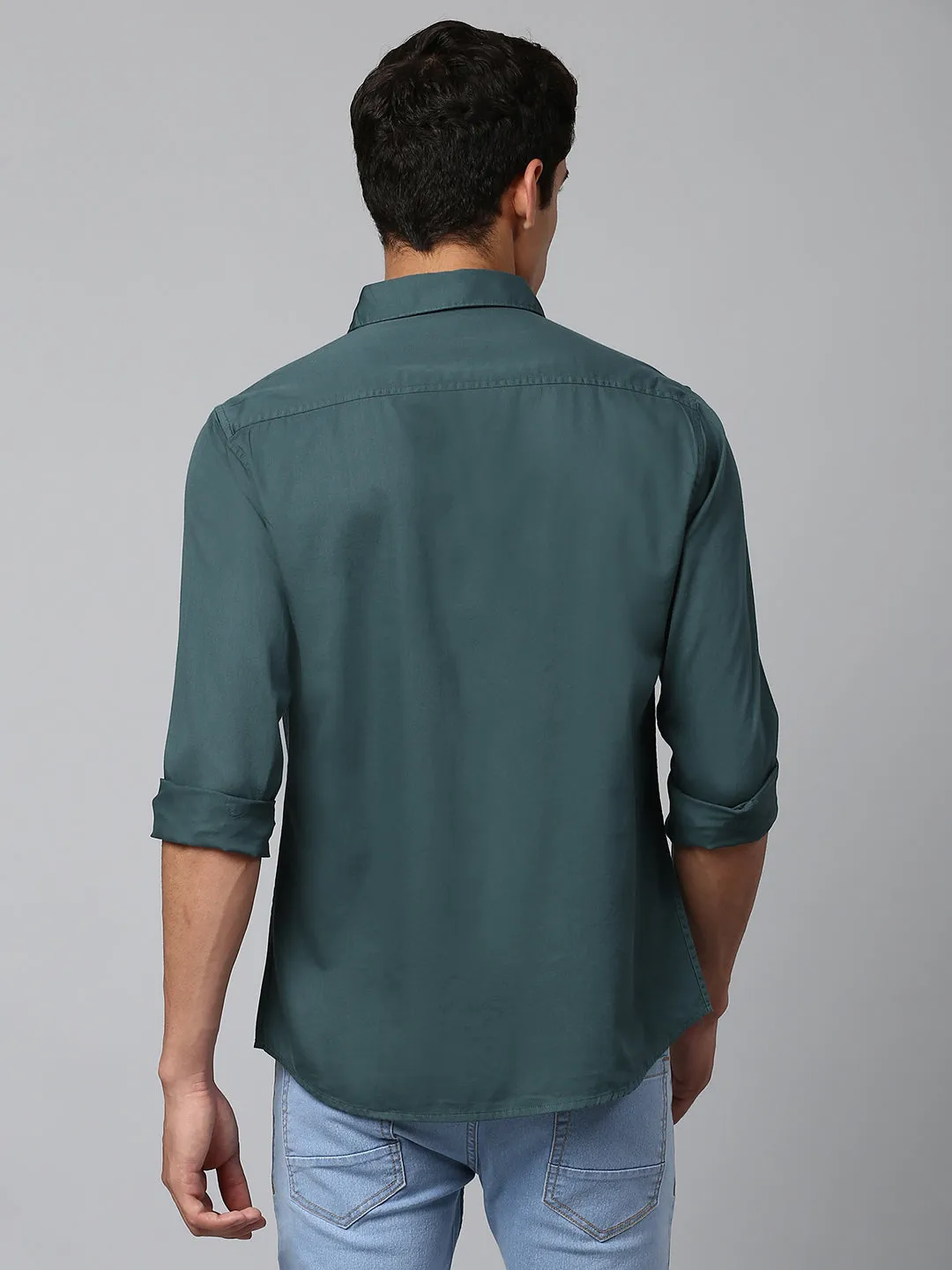 Men's Solid Teal Green Slim Fit Casual Shirt With Spread Collar