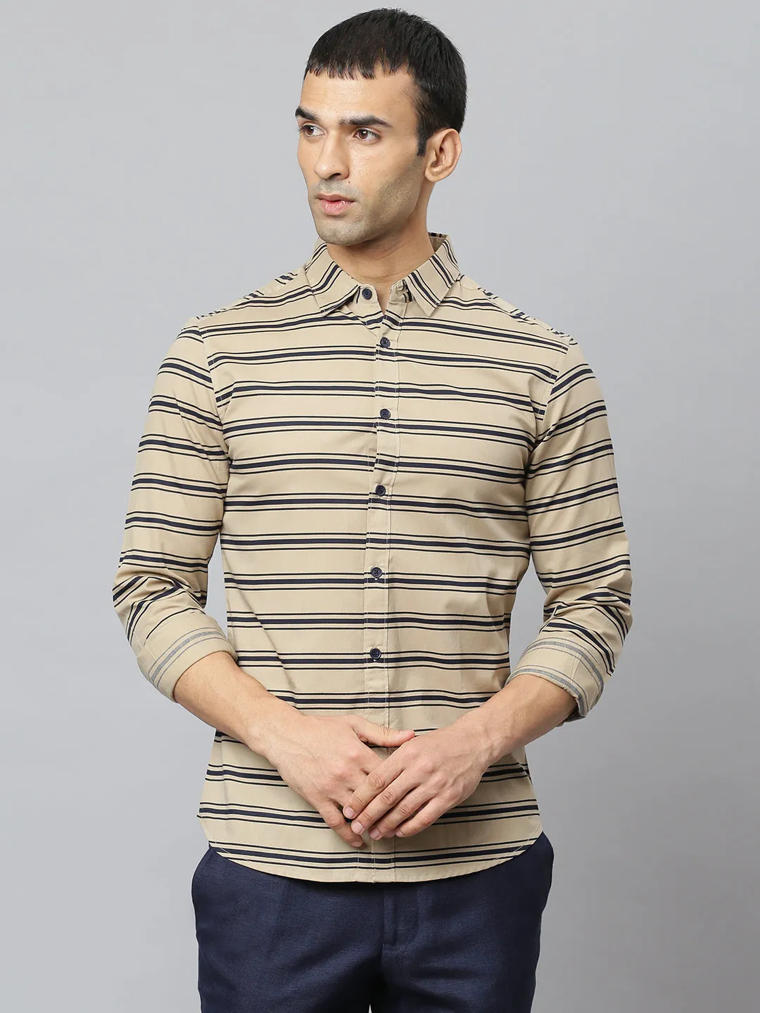 Men's  Spread Collar Full Sleeves Horizontal Stripes Shirt (Khaki)