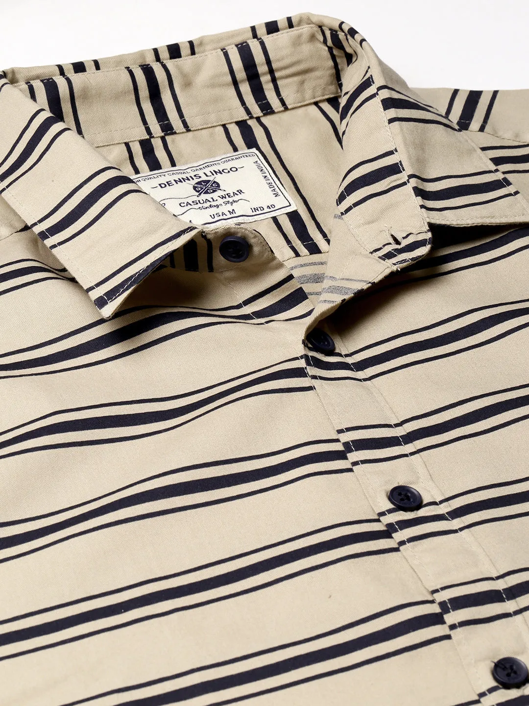 Men's  Spread Collar Full Sleeves Horizontal Stripes Shirt (Khaki)