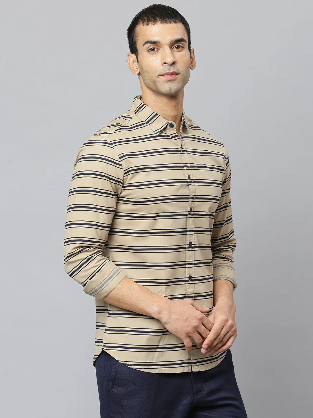 Men's  Spread Collar Full Sleeves Horizontal Stripes Shirt (Khaki)
