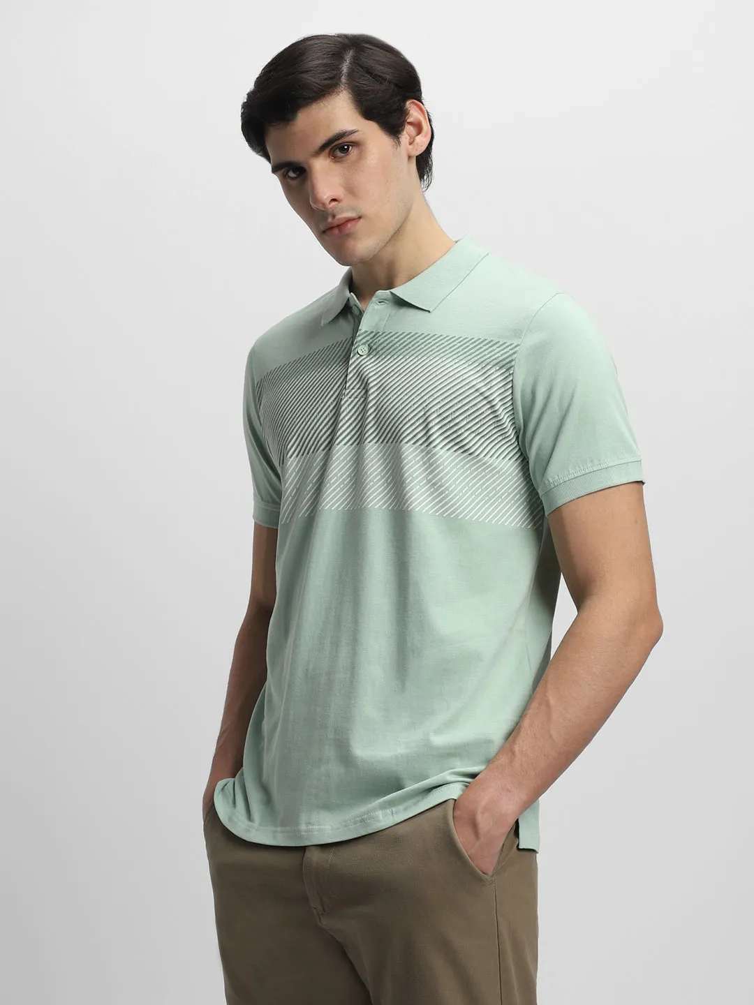 Men's Spread Collar Regular Fit Stripes Green T-shirt