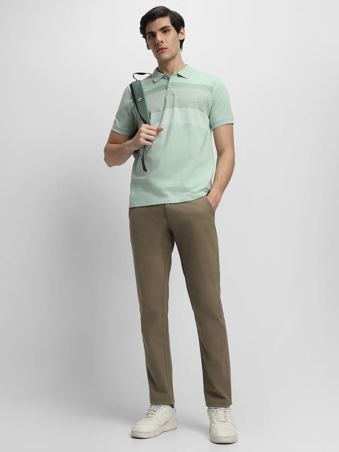 Men's Spread Collar Regular Fit Stripes Green T-shirt