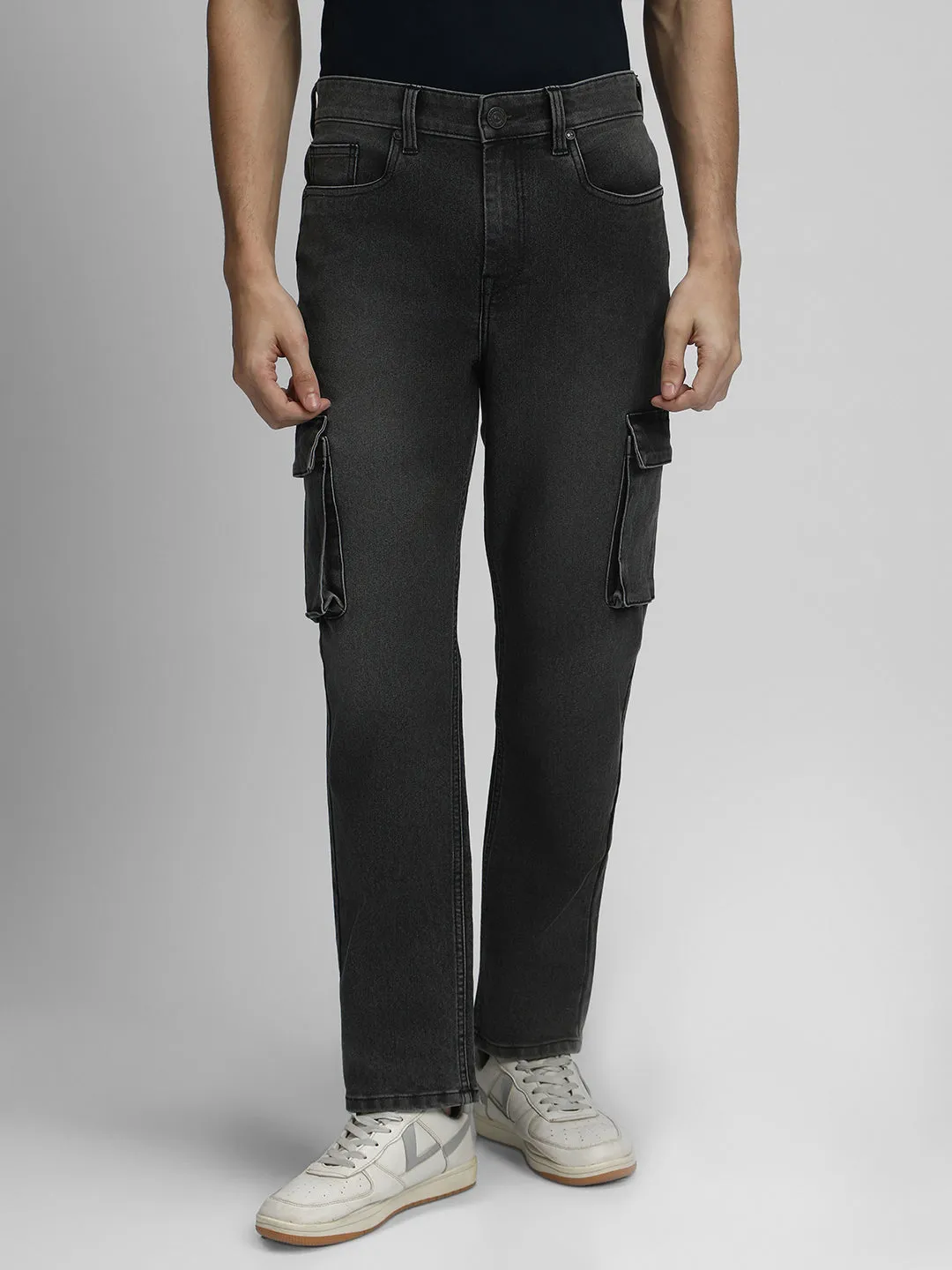 Men's Straight Cargo Fit Washed Grey Stretchable Jeans