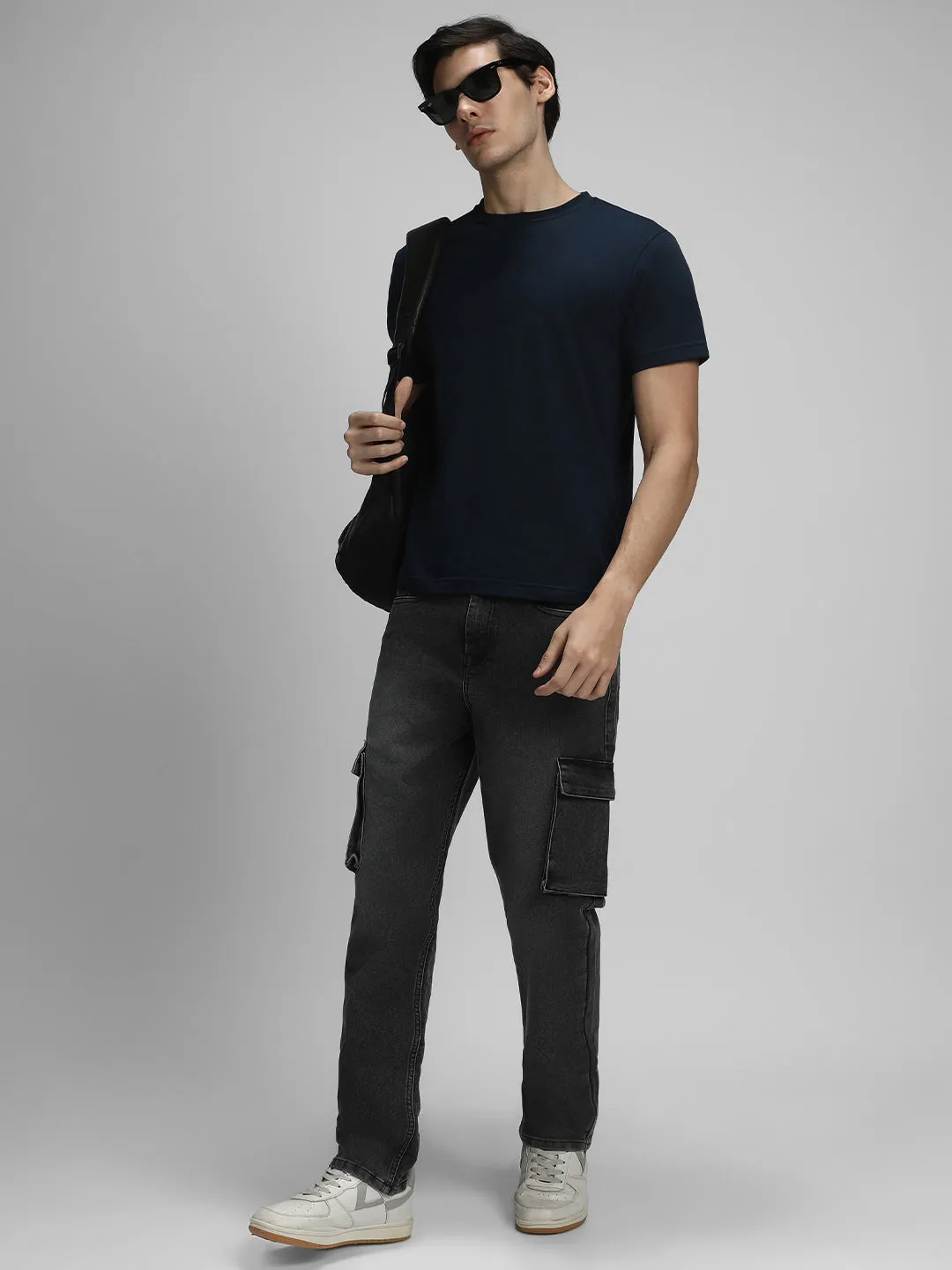 Men's Straight Cargo Fit Washed Grey Stretchable Jeans