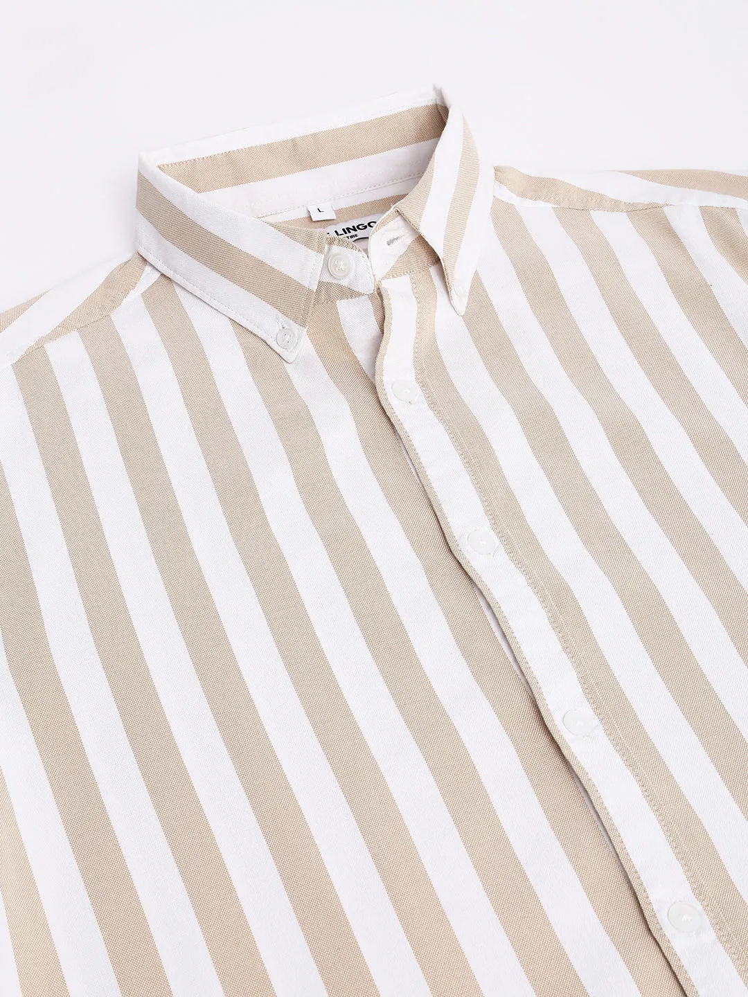 Men's Striped Beige Slim Fit Cotton Casual Shirt With Button Down Collar & Full Sleeves