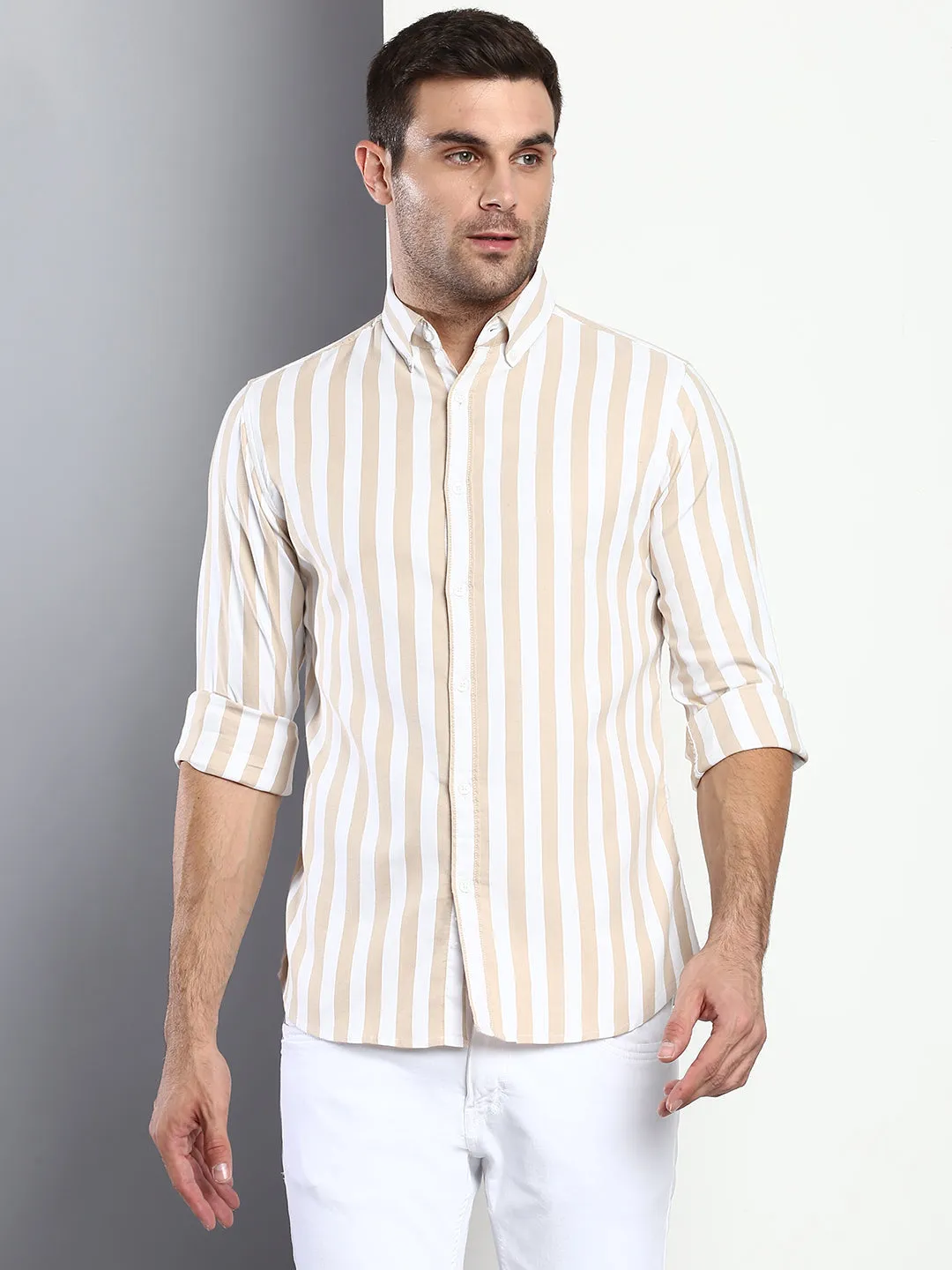 Men's Striped Beige Slim Fit Cotton Casual Shirt With Button Down Collar & Full Sleeves