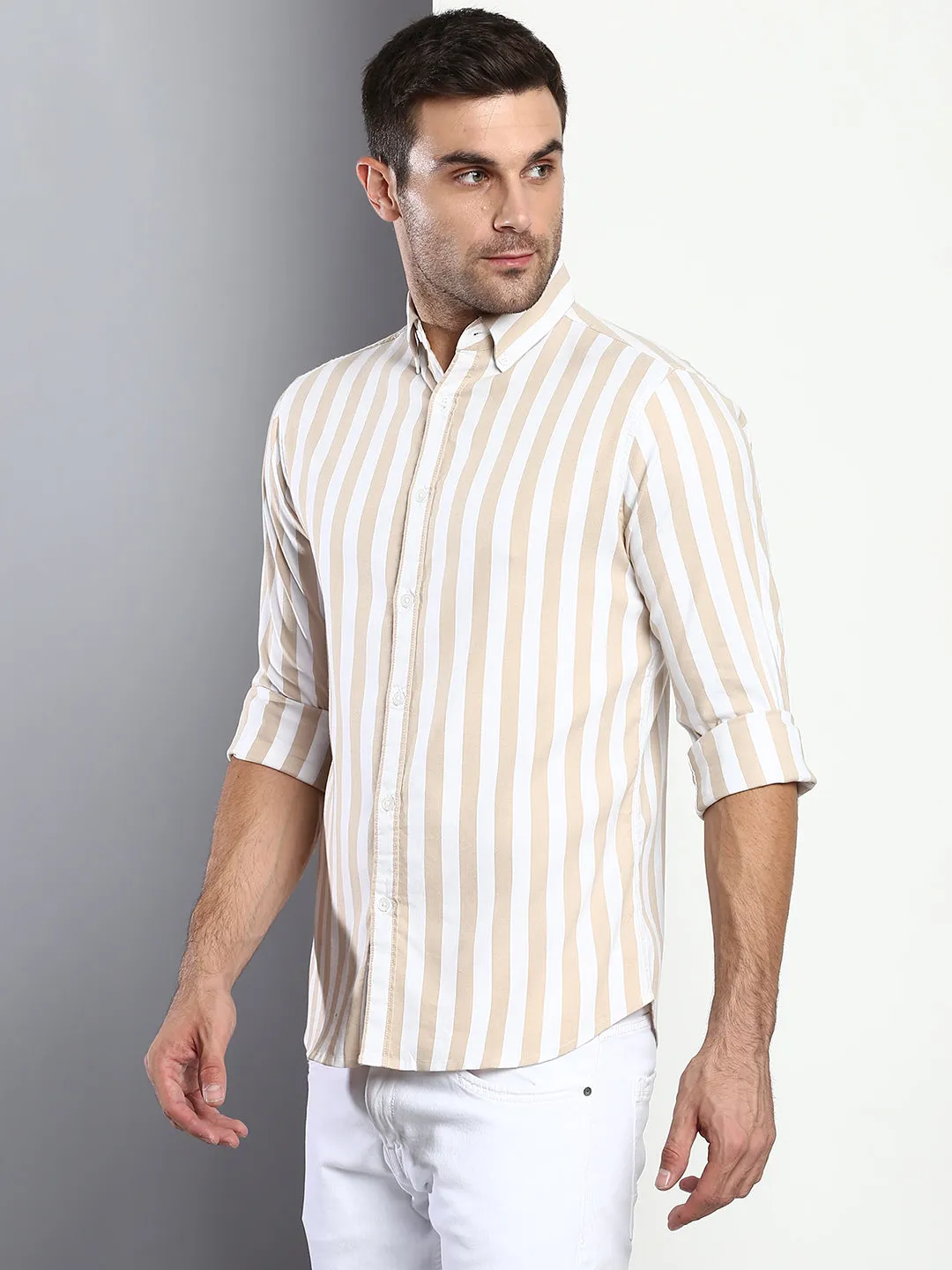 Men's Striped Beige Slim Fit Cotton Casual Shirt With Button Down Collar & Full Sleeves