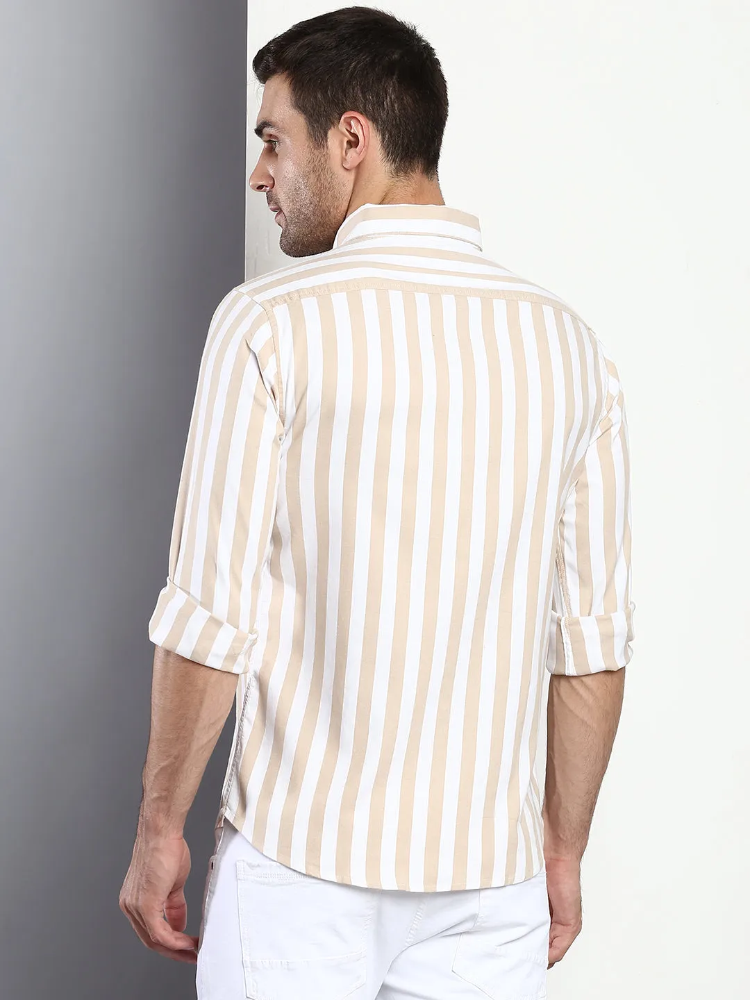 Men's Striped Beige Slim Fit Cotton Casual Shirt With Button Down Collar & Full Sleeves