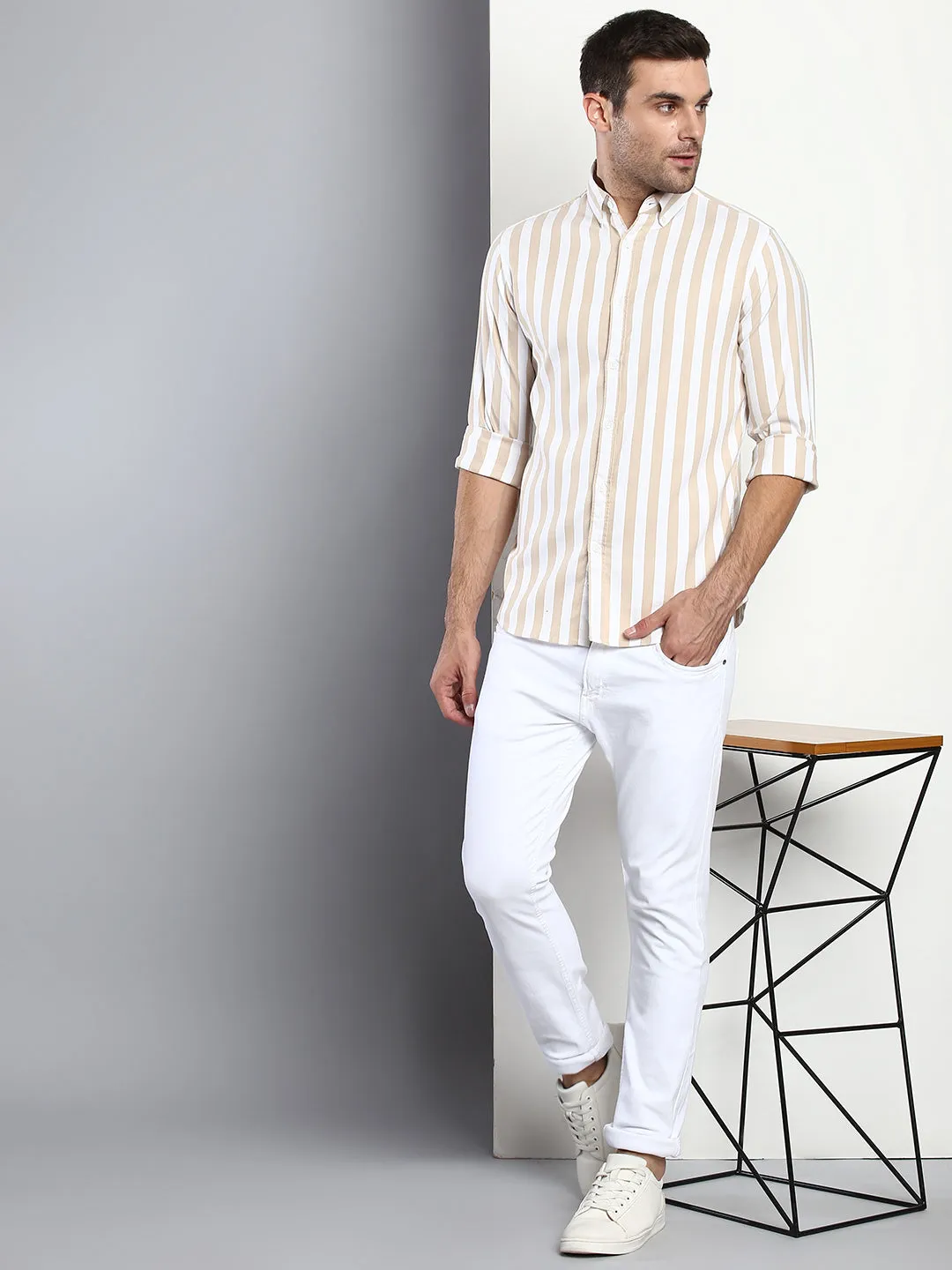 Men's Striped Beige Slim Fit Cotton Casual Shirt With Button Down Collar & Full Sleeves