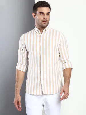 Men's Striped Beige Slim Fit Cotton Casual Shirt With Button Down Collar & Full Sleeves