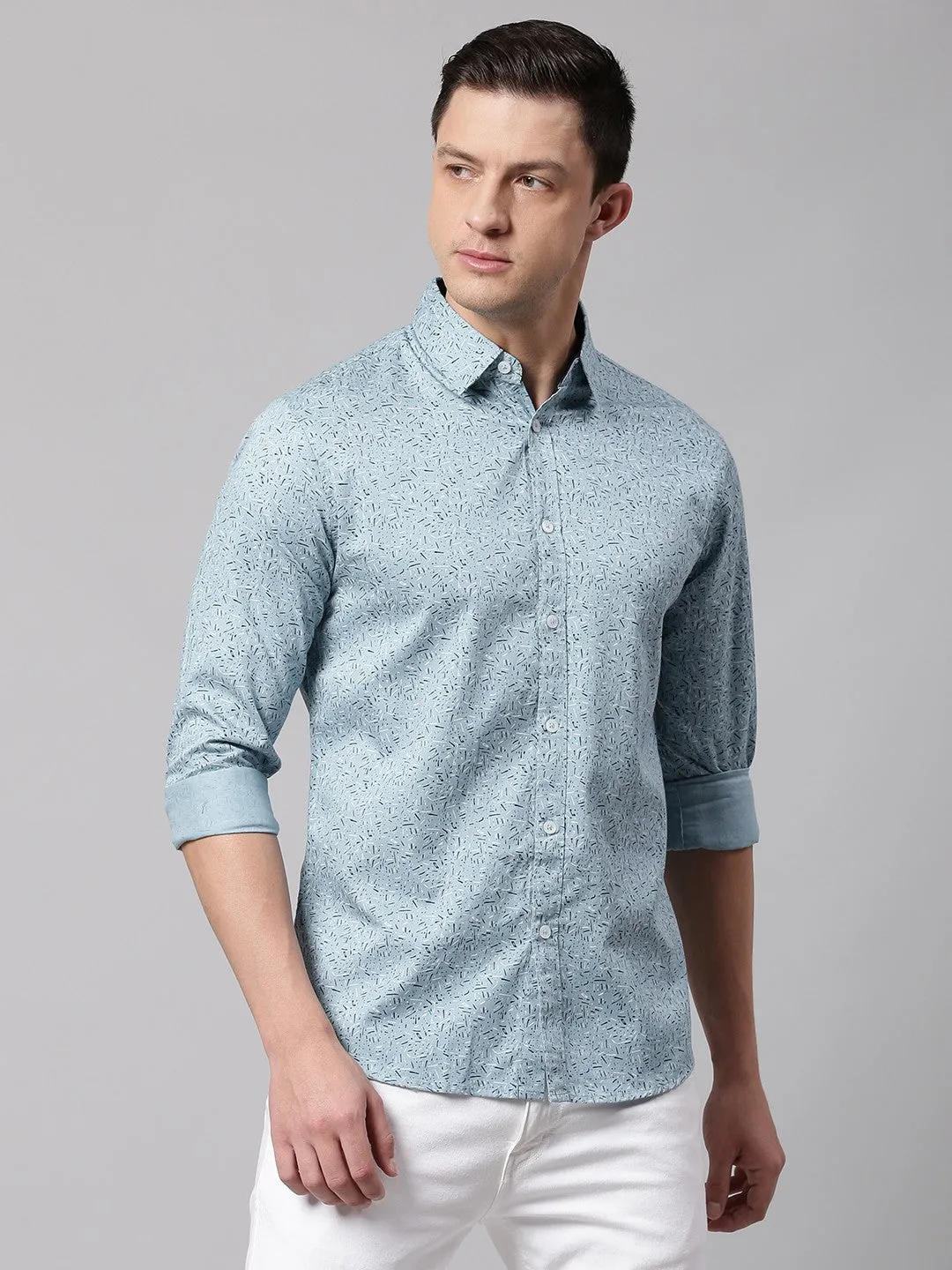 Men's Teal Slim Fit Printed Casual Shirt