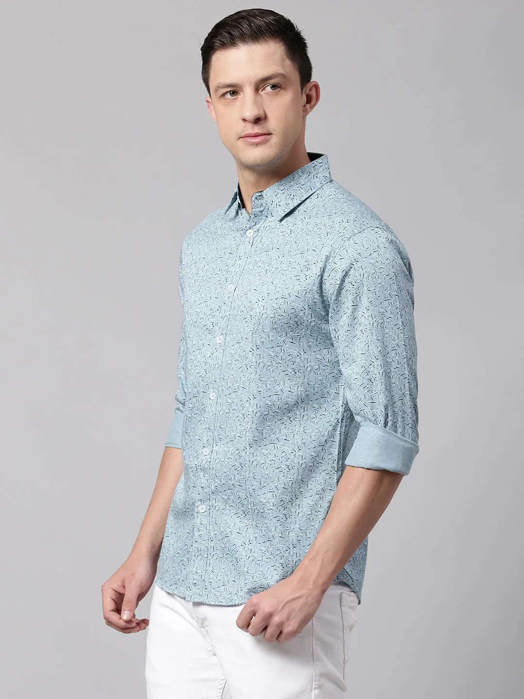 Men's Teal Slim Fit Printed Casual Shirt