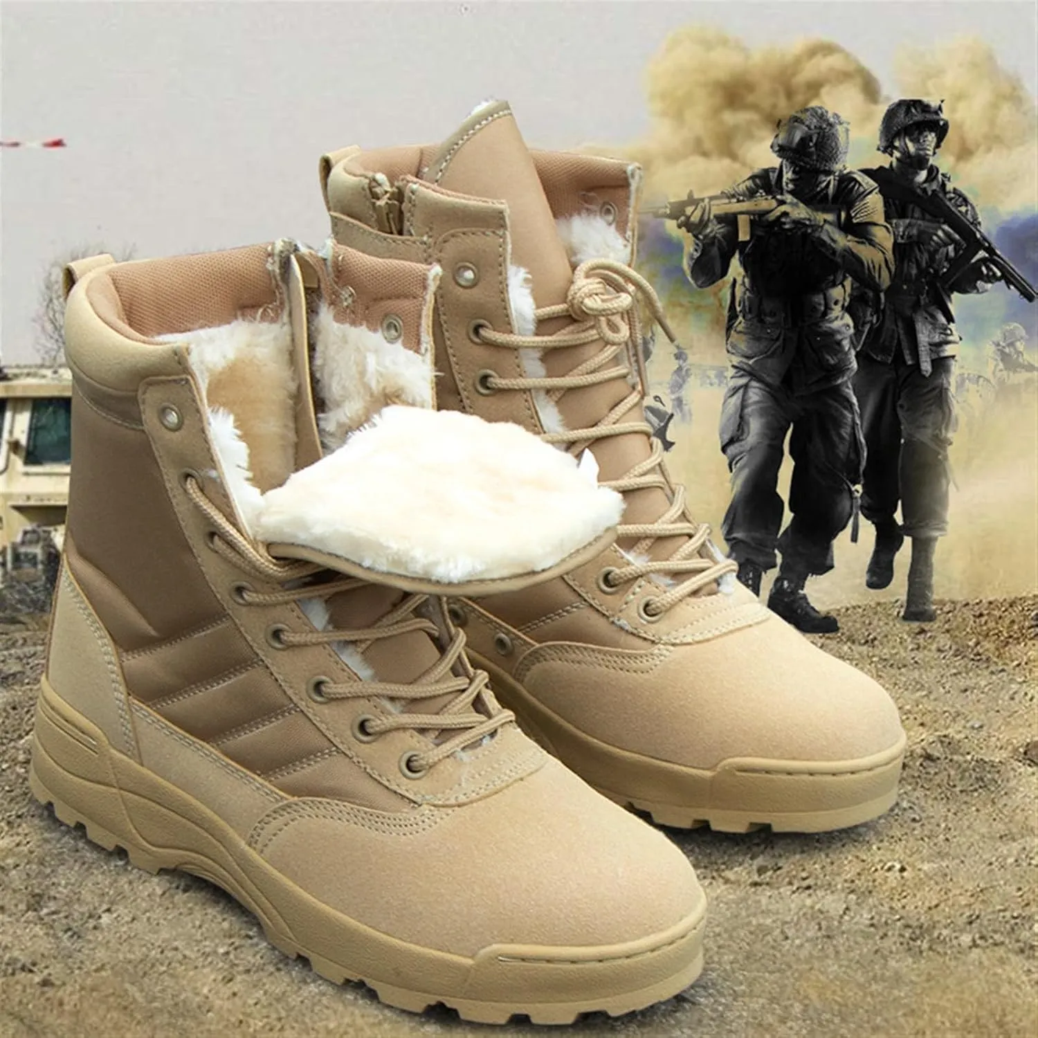 Mens Waterproof Winter Boots, Men's High Top Side Zipper Waterproof Warm Fur Lined Snow Boots, Durable Anti Slip Combat Work Shoes, for Camping, Hiking, Work, Climbing