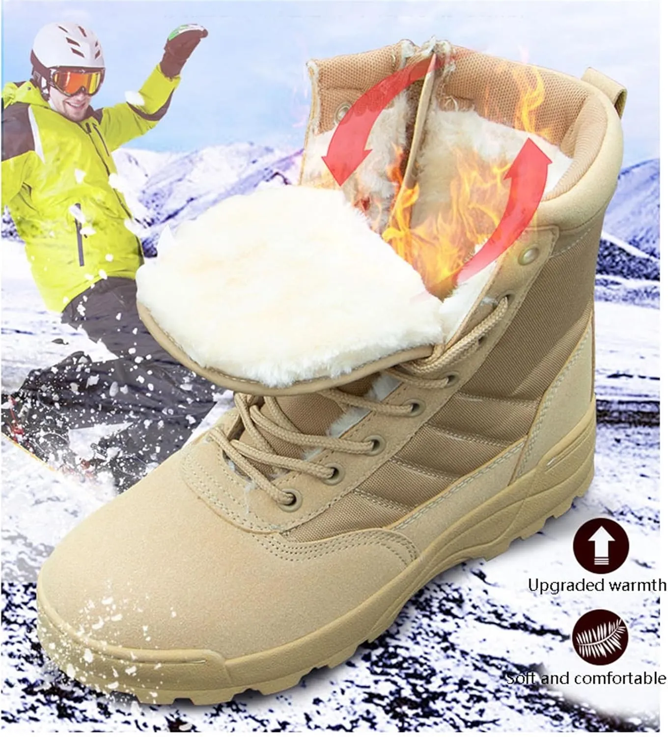 Mens Waterproof Winter Boots, Men's High Top Side Zipper Waterproof Warm Fur Lined Snow Boots, Durable Anti Slip Combat Work Shoes, for Camping, Hiking, Work, Climbing