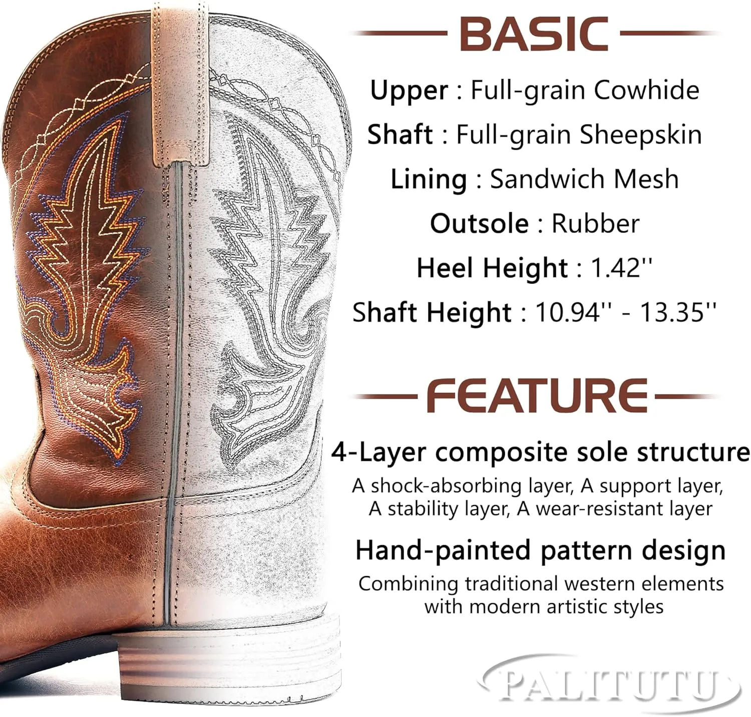 Men??s Western Cowboy Boots, Fashionable Embroidered Full Grain Leather, Square Toe Pull-On, 4-Layer Composite Sole, Slip-Resistant Work & Riding Boots