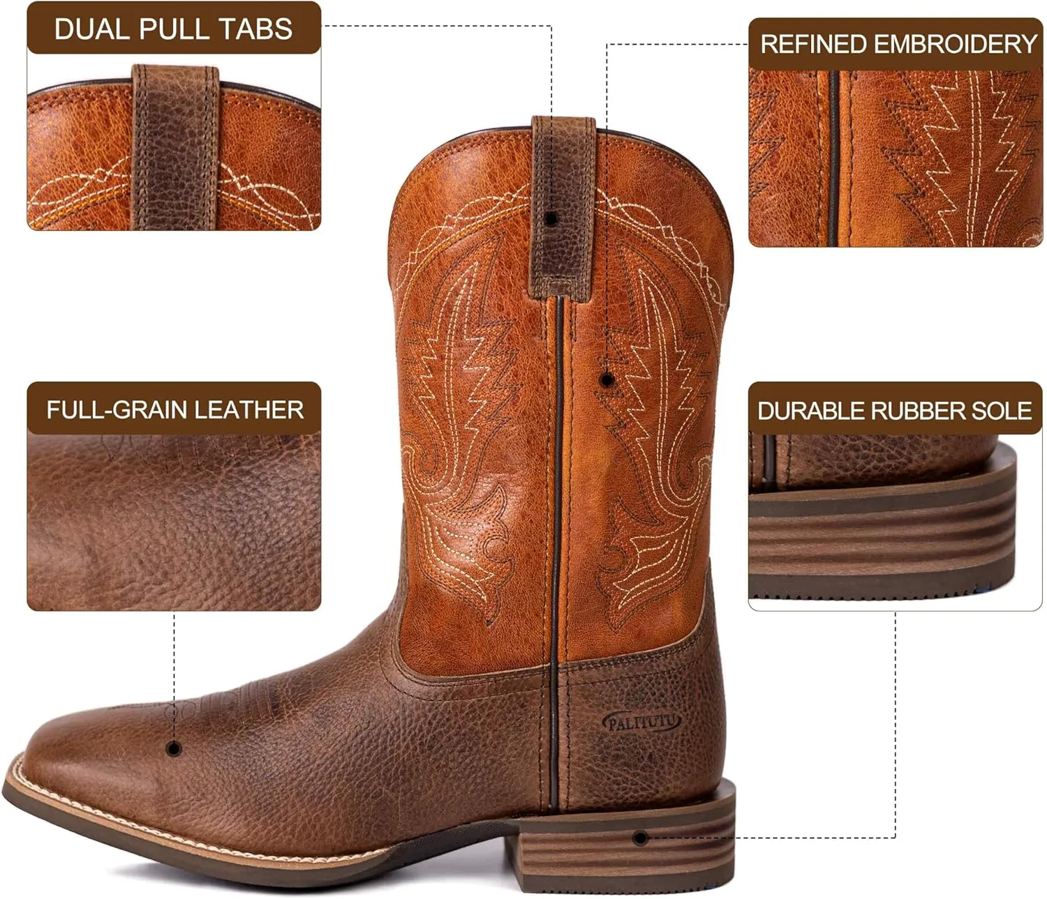 Men??s Western Cowboy Boots, Fashionable Embroidered Full Grain Leather, Square Toe Pull-On, 4-Layer Composite Sole, Slip-Resistant Work & Riding Boots