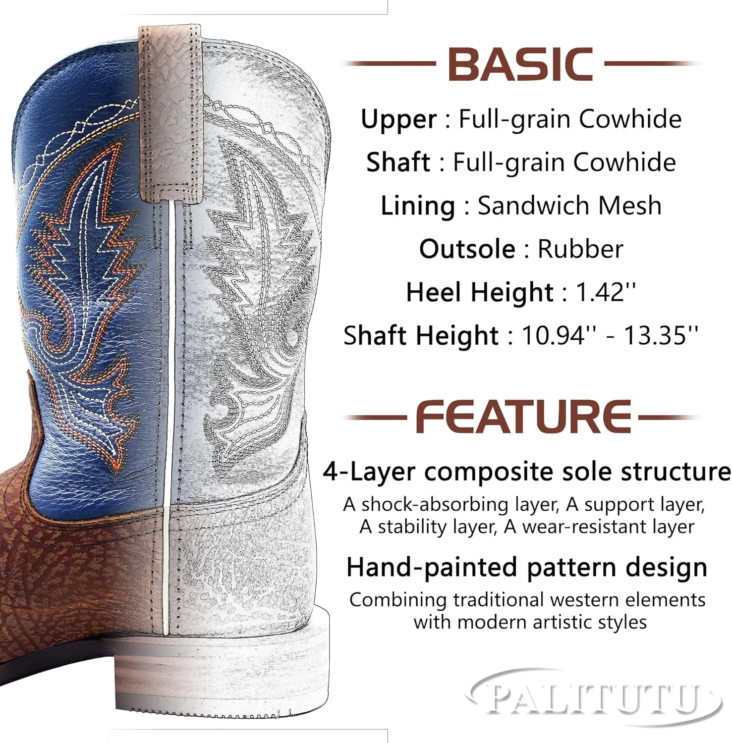Men??s Western Cowboy Boots, Fashionable Embroidered Full Grain Leather, Square Toe Pull-On, 4-Layer Composite Sole, Slip-Resistant Work & Riding Boots