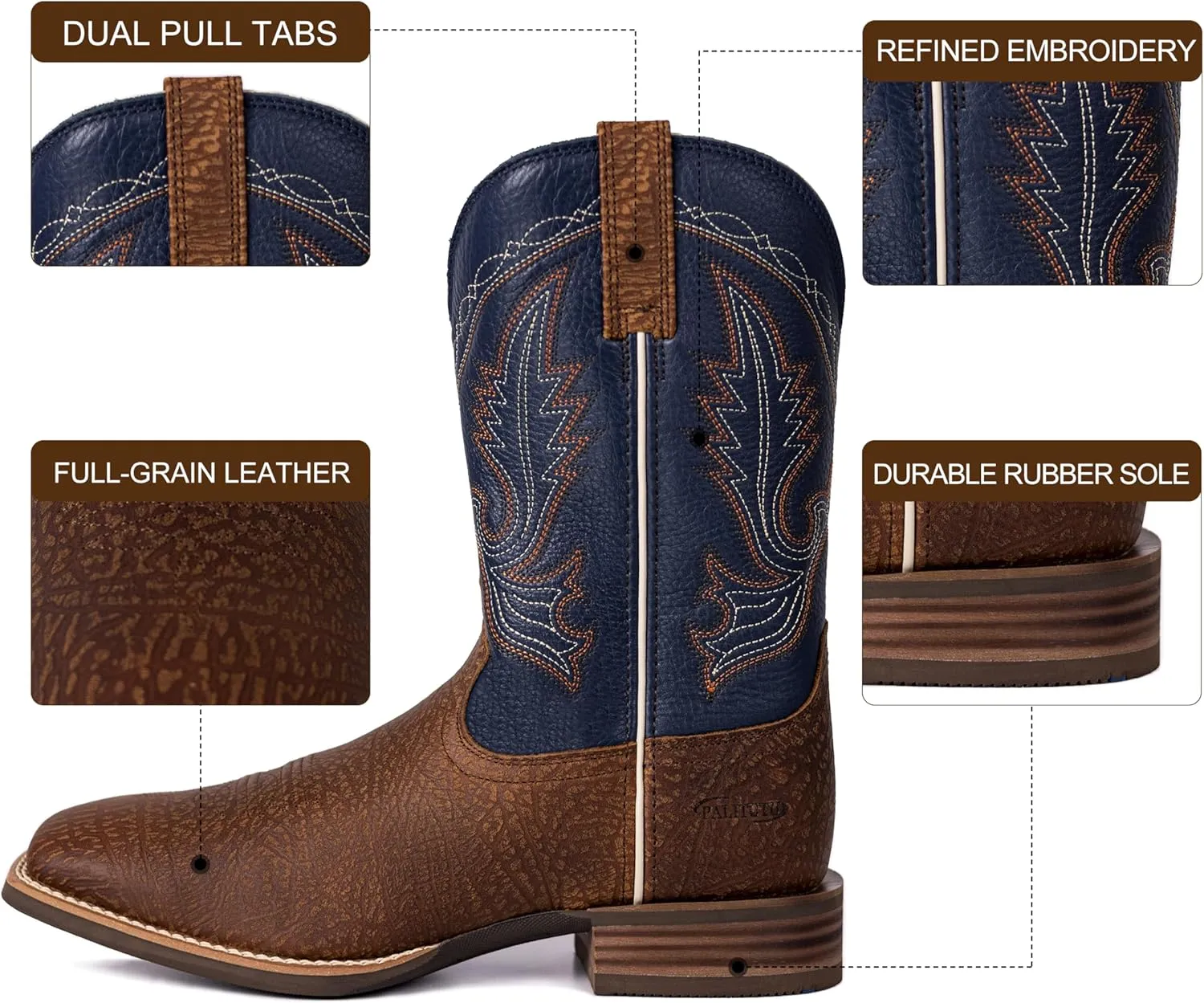 Men??s Western Cowboy Boots, Fashionable Embroidered Full Grain Leather, Square Toe Pull-On, 4-Layer Composite Sole, Slip-Resistant Work & Riding Boots