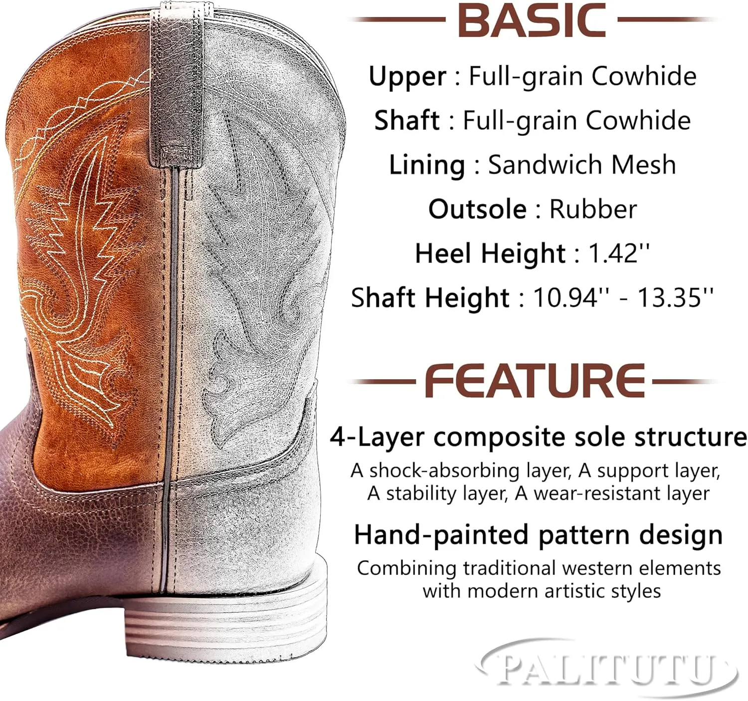 Men??s Western Cowboy Boots, Fashionable Embroidered Full Grain Leather, Square Toe Pull-On, 4-Layer Composite Sole, Slip-Resistant Work & Riding Boots