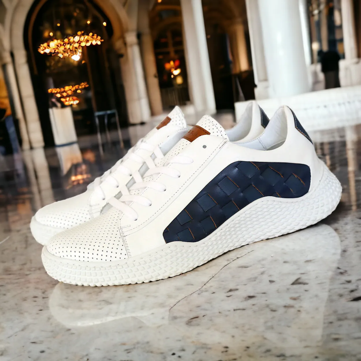 Mezlan 20605 Men's Shoes White, Navy & Electric Blue Calf-Skin Leather Casual Sneakers (MZS3632)