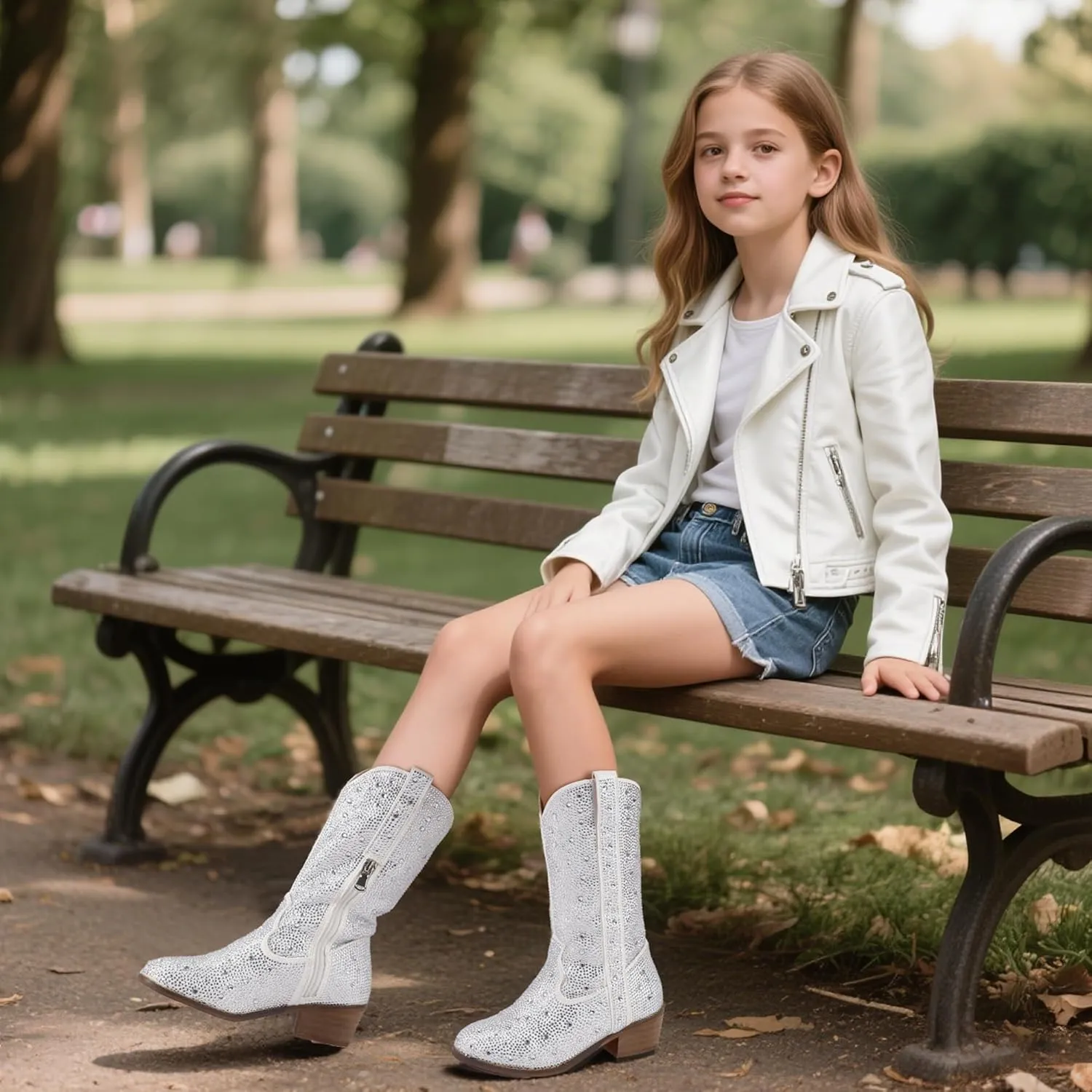 PANDANINJIA Girls Cowgirl Cowboy Boots Rhinestone Sparkly Kid Toddler Boots Bootie Mid Calf Round Toe Western Horse Riding Shoes