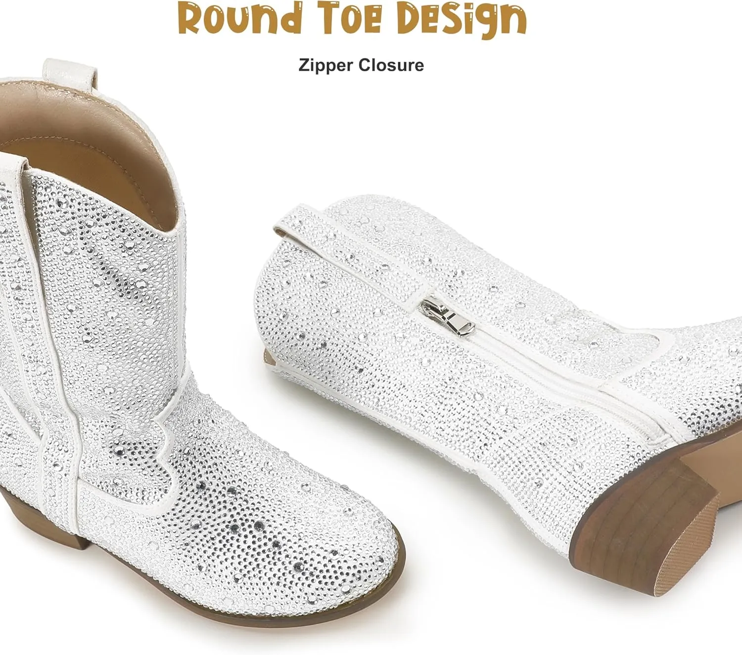 PANDANINJIA Girls Cowgirl Cowboy Boots Rhinestone Sparkly Kid Toddler Boots Bootie Mid Calf Round Toe Western Horse Riding Shoes