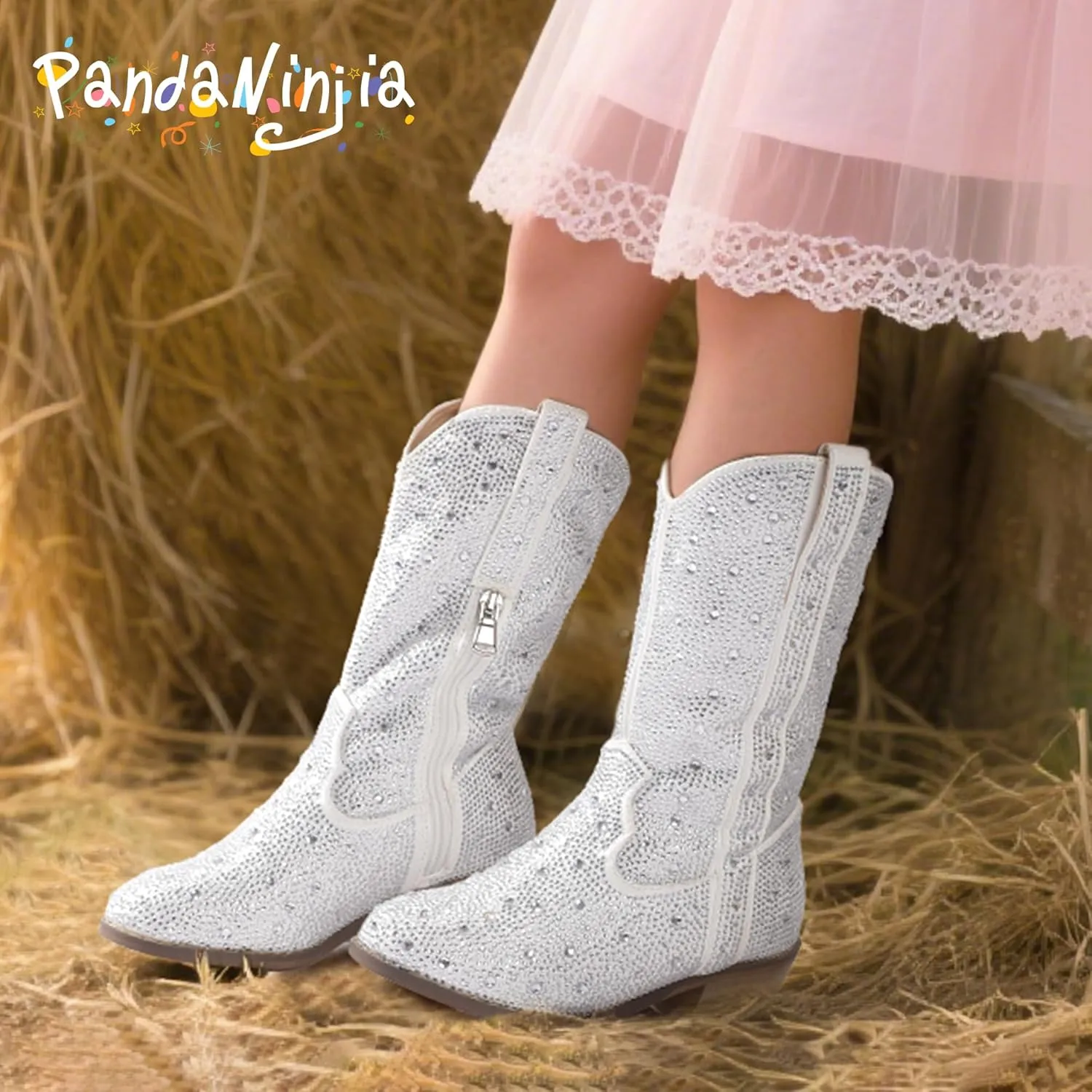 PANDANINJIA Girls Cowgirl Cowboy Boots Rhinestone Sparkly Kid Toddler Boots Bootie Mid Calf Round Toe Western Horse Riding Shoes