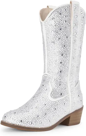PANDANINJIA Girls Cowgirl Cowboy Boots Rhinestone Sparkly Kid Toddler Boots Bootie Mid Calf Round Toe Western Horse Riding Shoes