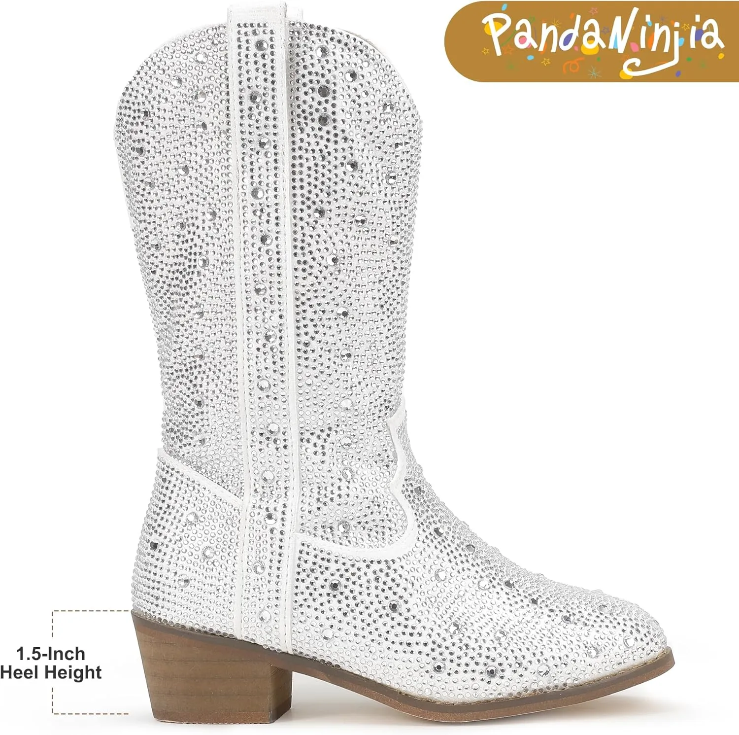 PANDANINJIA Girls Cowgirl Cowboy Boots Rhinestone Sparkly Kid Toddler Boots Bootie Mid Calf Round Toe Western Horse Riding Shoes