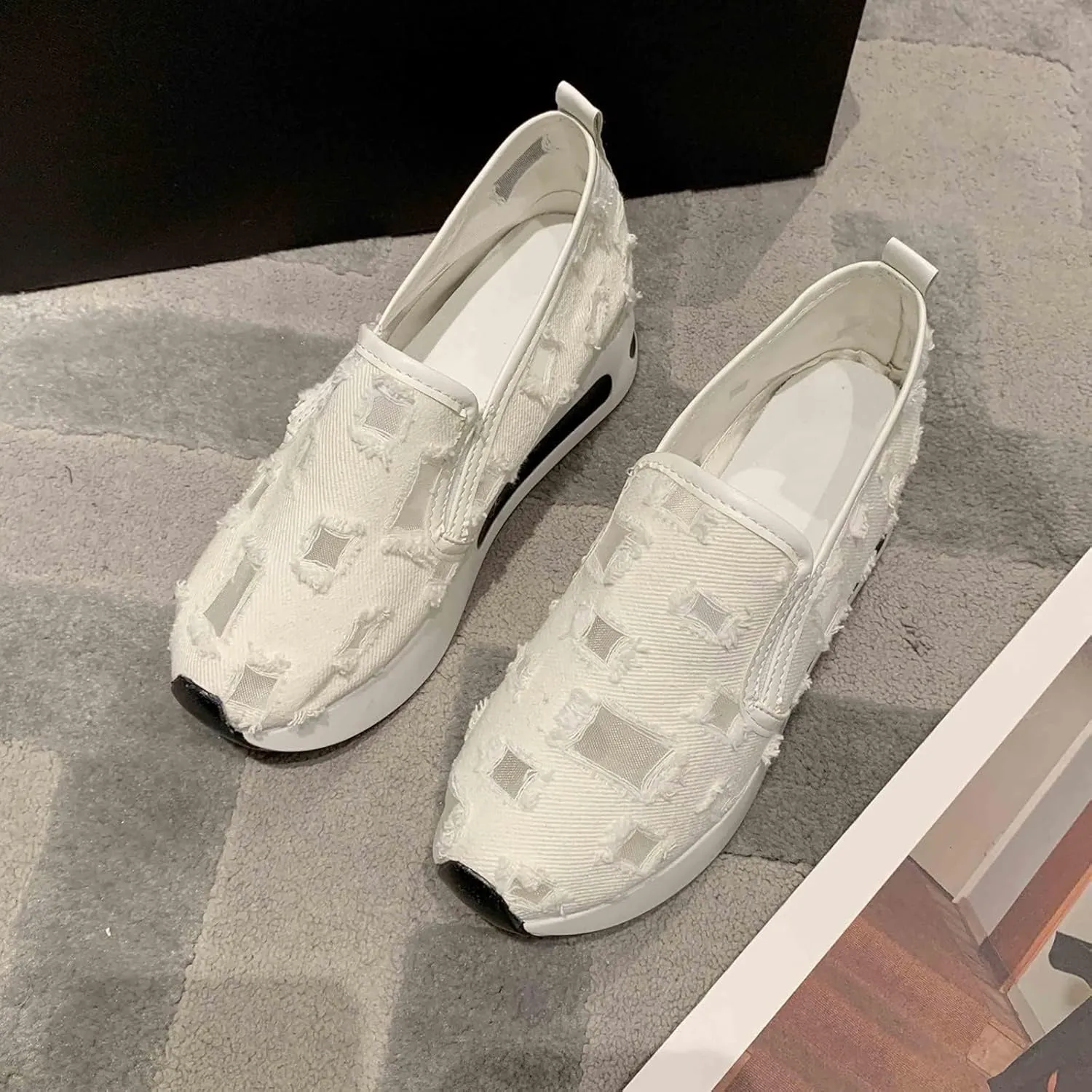 Platform Wedge Sneakers for Women Mesh Floral Embroidery Breathable Walking Shoes Air Comfort Chunky Slip On Arch Support Work Shoes