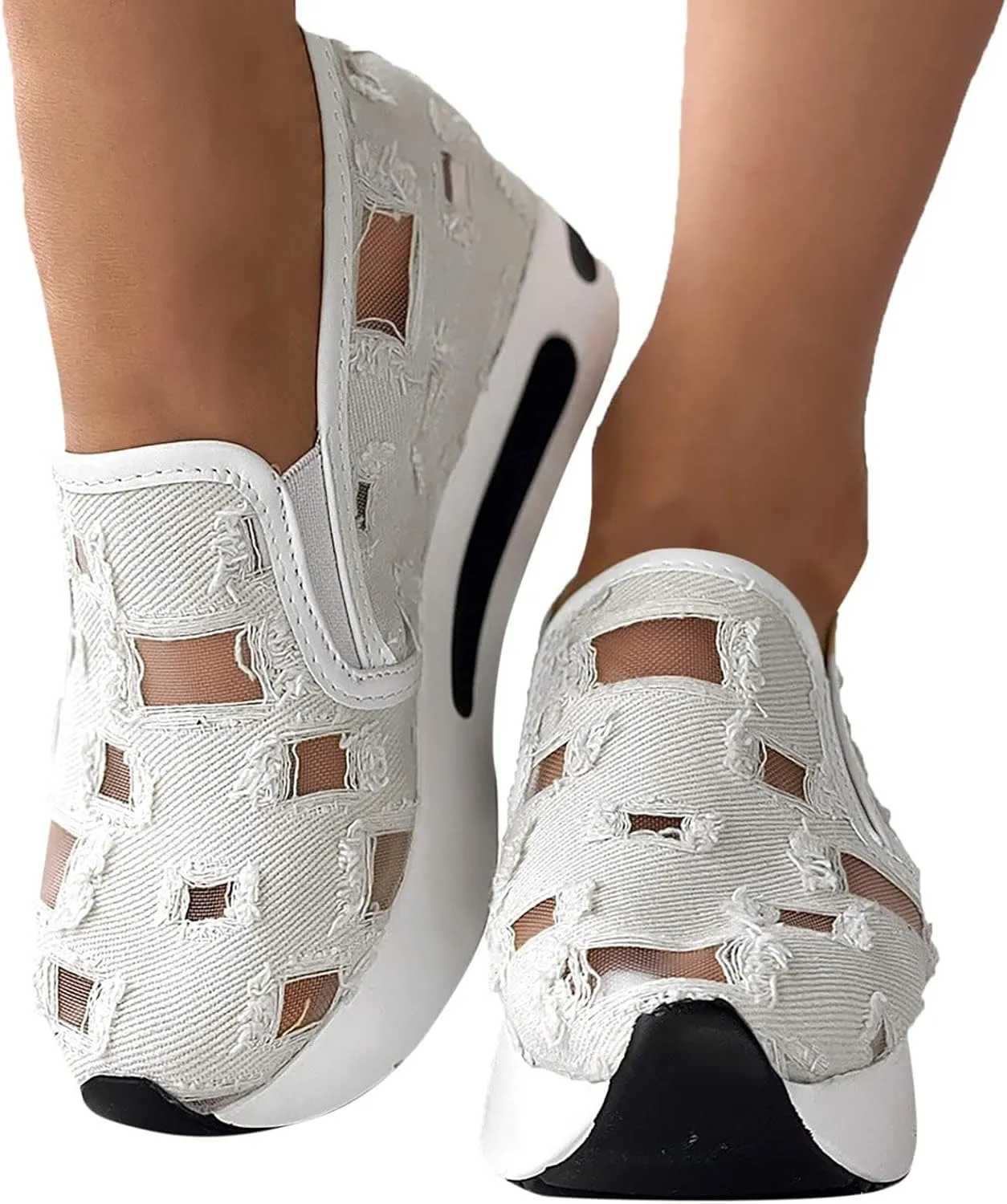 Platform Wedge Sneakers for Women Mesh Floral Embroidery Breathable Walking Shoes Air Comfort Chunky Slip On Arch Support Work Shoes