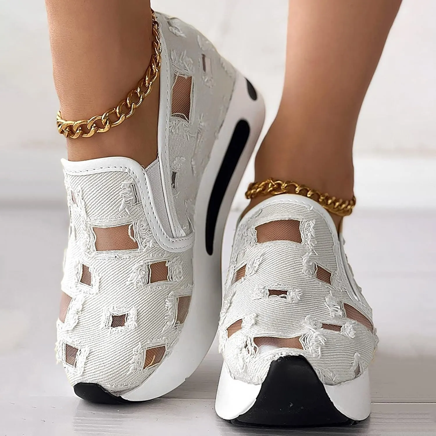Platform Wedge Sneakers for Women Mesh Floral Embroidery Breathable Walking Shoes Air Comfort Chunky Slip On Arch Support Work Shoes