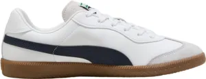 Puma King 21 Men's Indoor Soccer Shoes - Classic Style with Modern Functionality, Soft Leather Upper, Rubber Outsole for Ultimate Grip (White/Navy/Silver, US Footwear Size System, Adult, Men, Numeric, Medium, 9.5)