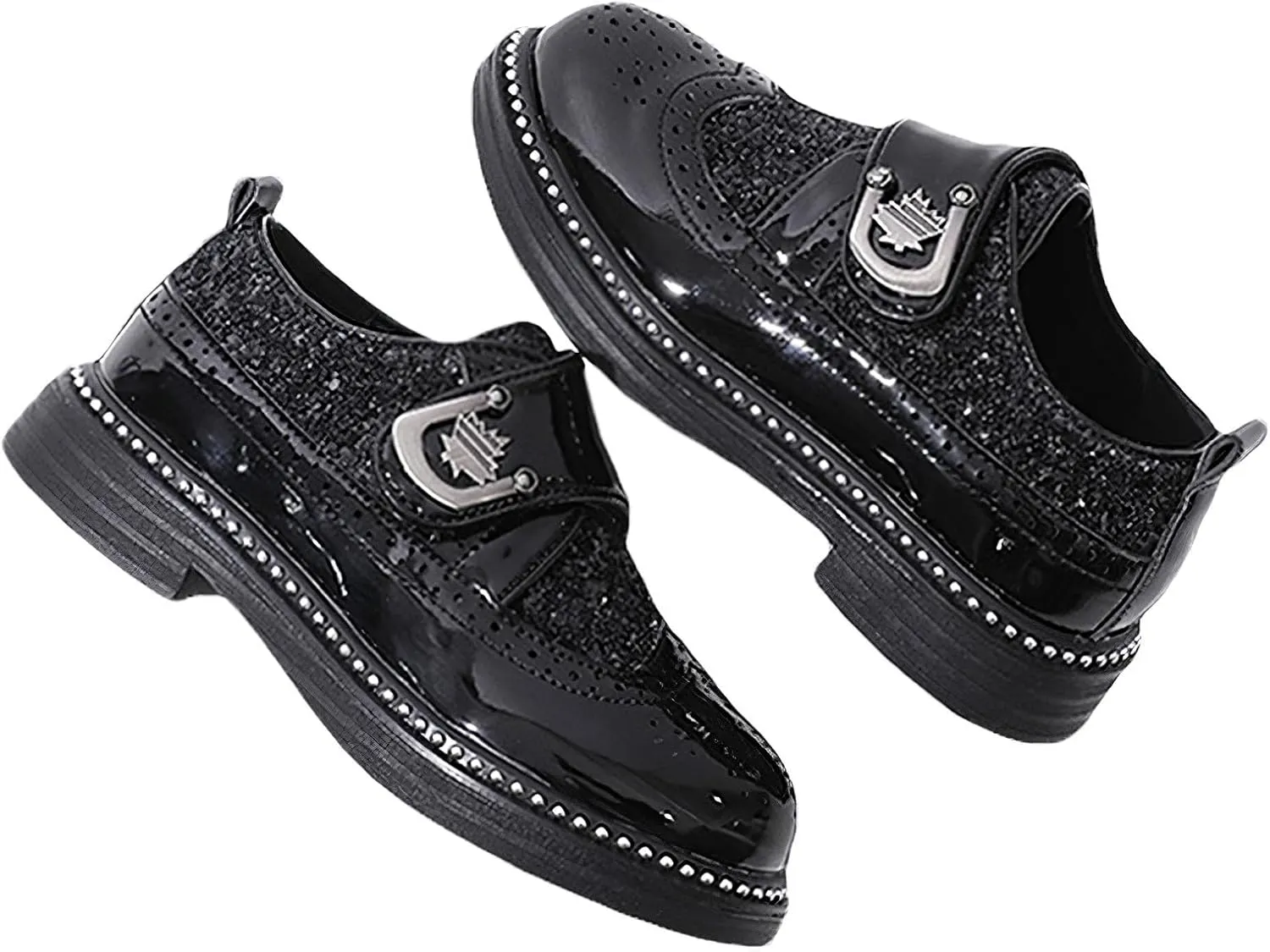 rismart Boys & Girls Hook & Loop Dress Shoes Sparkly Sequins Brogue Wingtip Oxfords for Wedding Birthday School