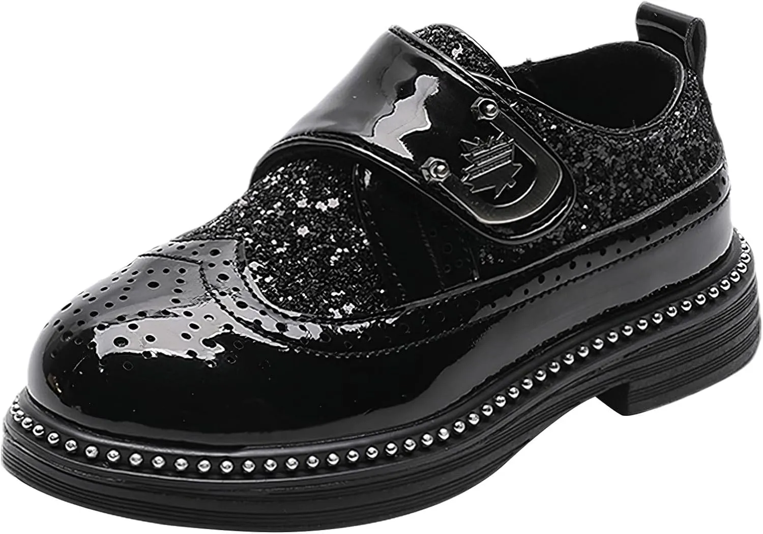 rismart Boys & Girls Hook & Loop Dress Shoes Sparkly Sequins Brogue Wingtip Oxfords for Wedding Birthday School
