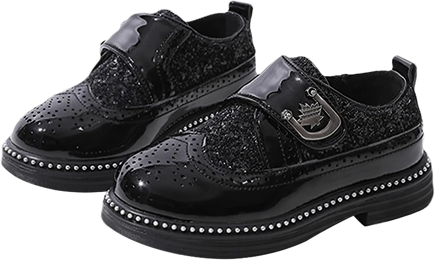 rismart Boys & Girls Hook & Loop Dress Shoes Sparkly Sequins Brogue Wingtip Oxfords for Wedding Birthday School