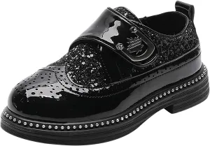 rismart Boys & Girls Hook & Loop Dress Shoes Sparkly Sequins Brogue Wingtip Oxfords for Wedding Birthday School