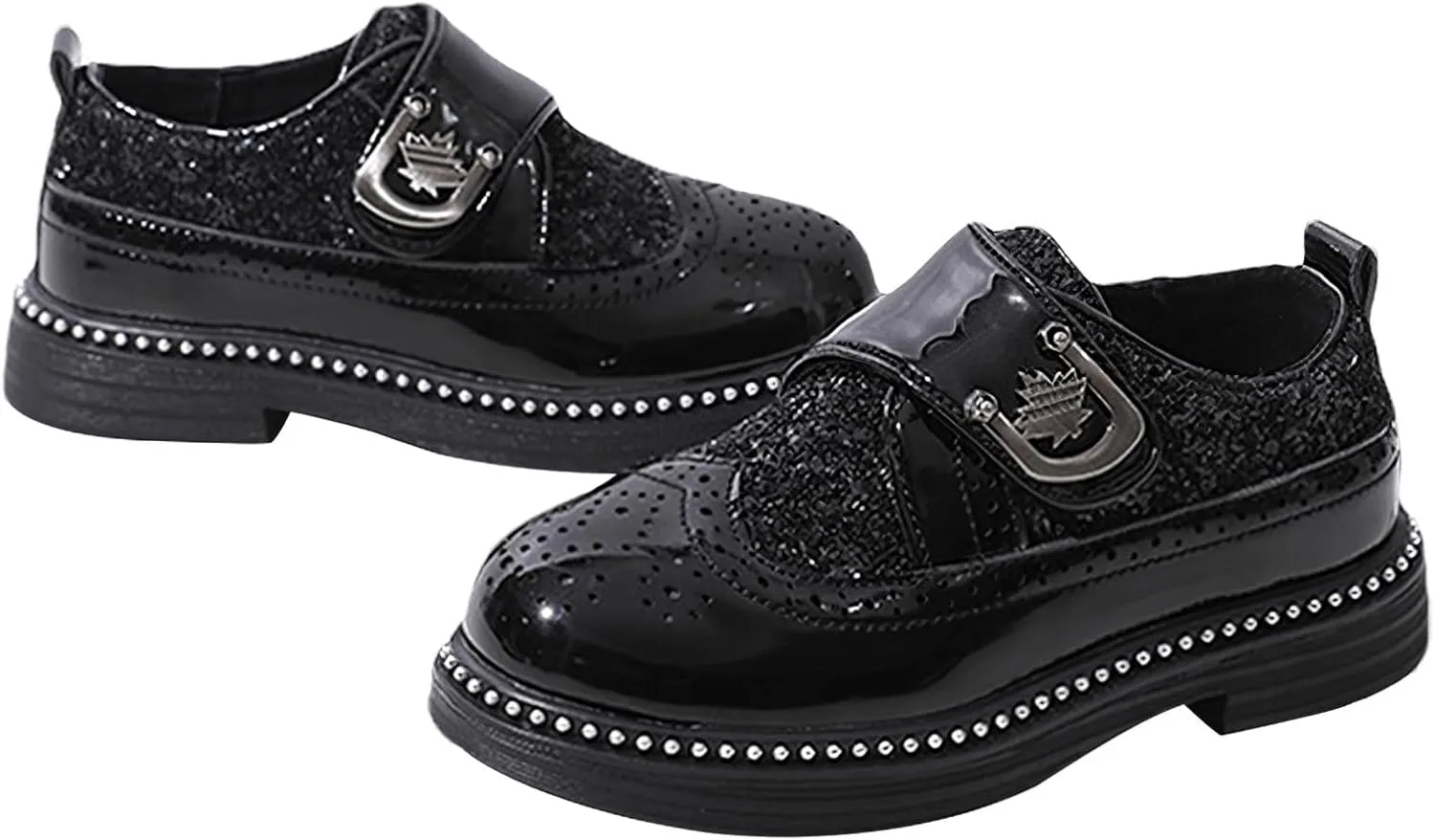 rismart Boys & Girls Hook & Loop Dress Shoes Sparkly Sequins Brogue Wingtip Oxfords for Wedding Birthday School