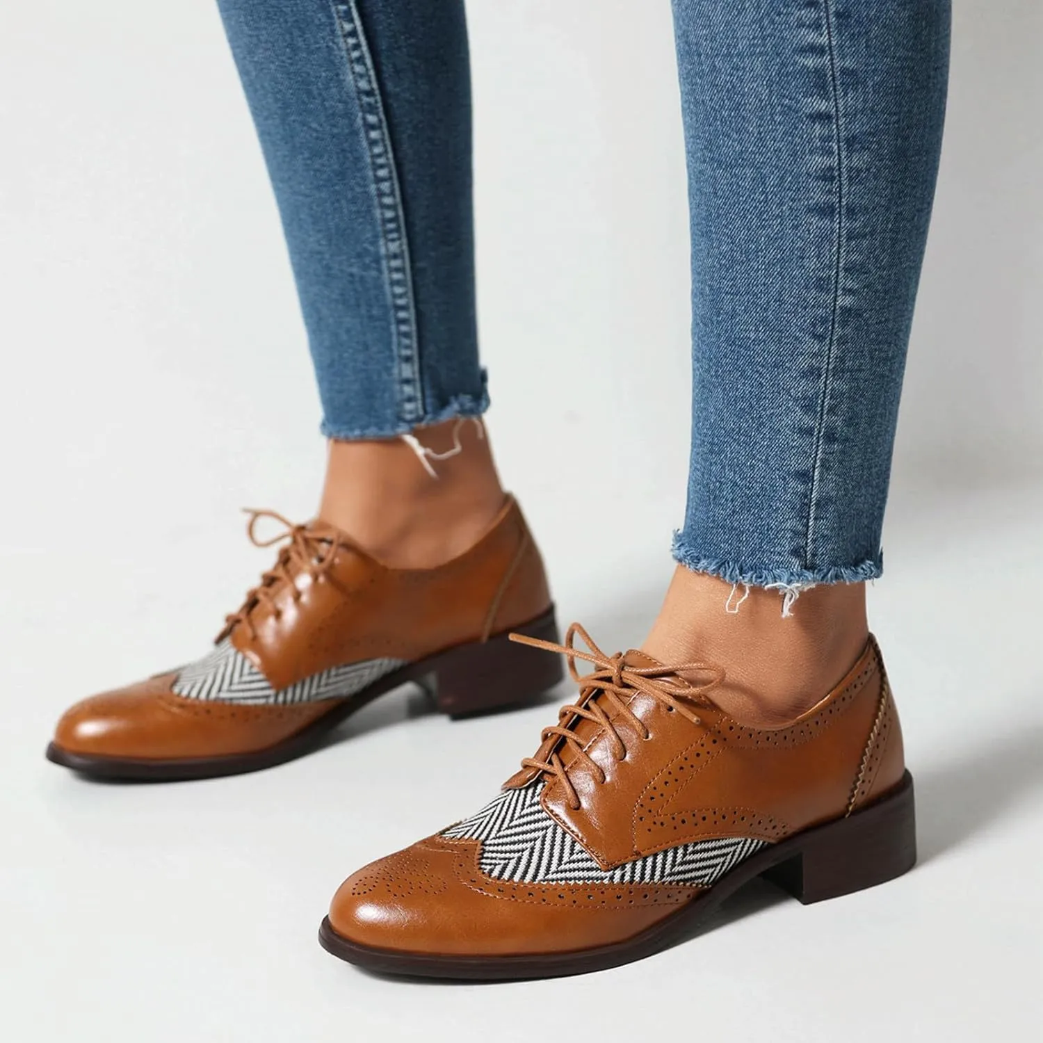 rismart Women's Lace-up Oxfords Wingtip Striped Color-Blocking Dress Shoes for Office Wedding Casual
