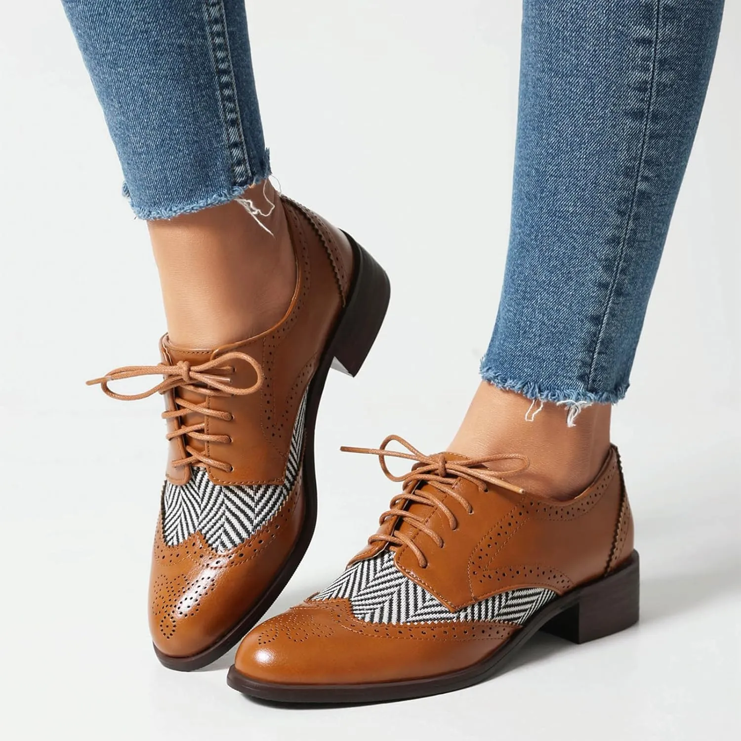 rismart Women's Lace-up Oxfords Wingtip Striped Color-Blocking Dress Shoes for Office Wedding Casual