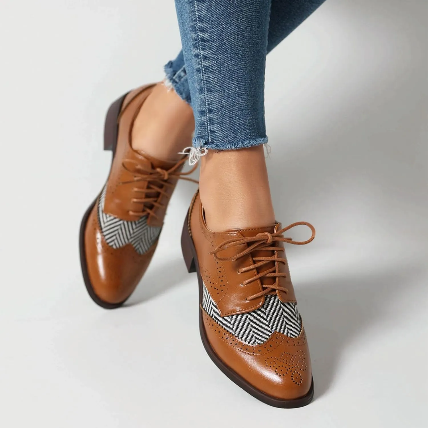 rismart Women's Lace-up Oxfords Wingtip Striped Color-Blocking Dress Shoes for Office Wedding Casual
