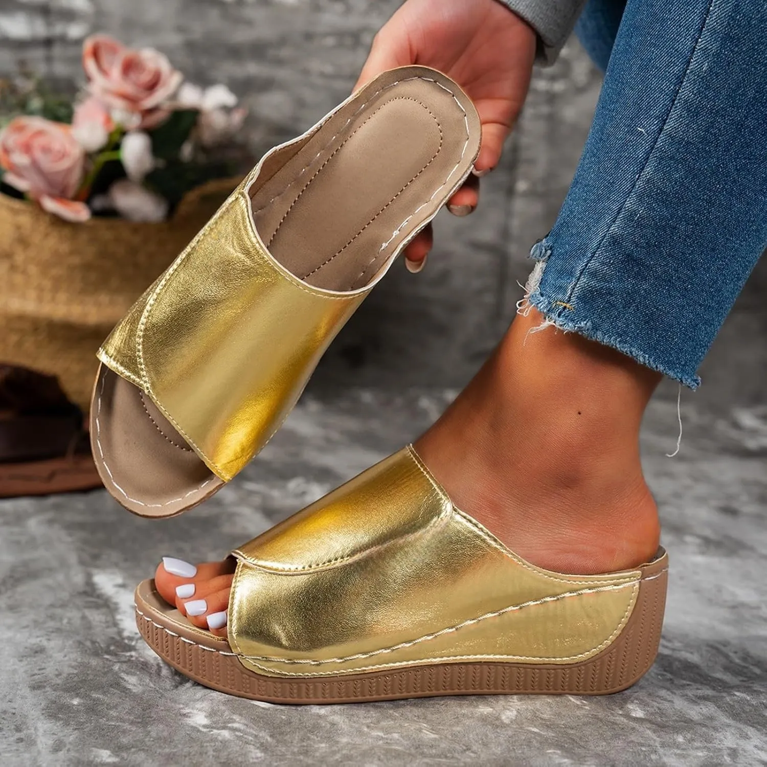 Sandals for Women 2025 Casual Width Wedge Sandals Summer Beach Vacation Breathable Orthopedic Walking Shoes Solid Color Trendy Dress Sandal Platform Slippers Shoes 2025