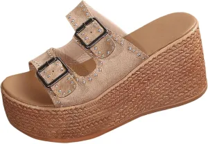 Sandals for Women 2025 Dressy 2 Buckle Wedges Heels Summer Gothic Thick Platform High Black Heels With Arch Support