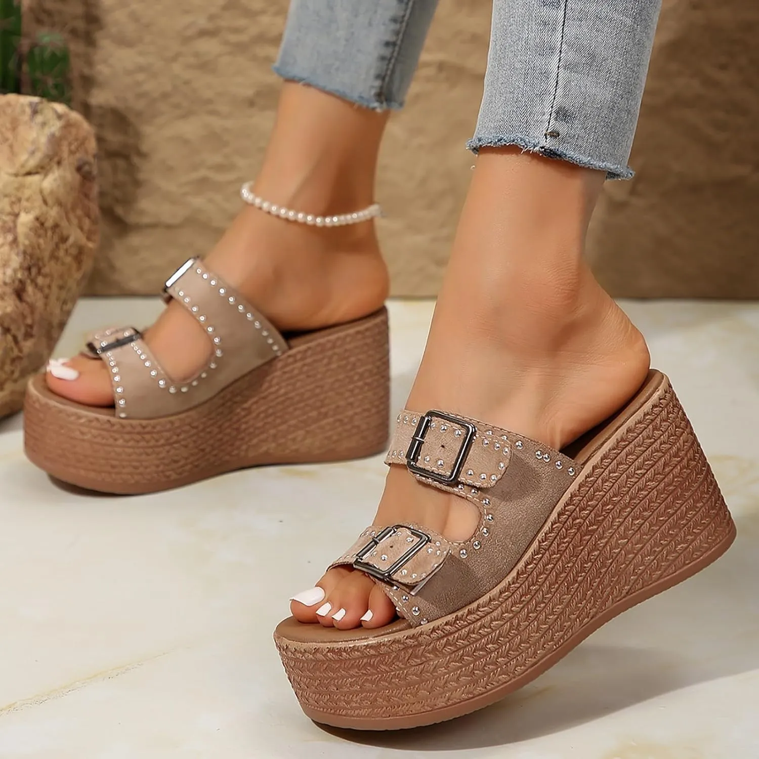 Sandals for Women 2025 Dressy 2 Buckle Wedges Heels Summer Gothic Thick Platform High Black Heels With Arch Support
