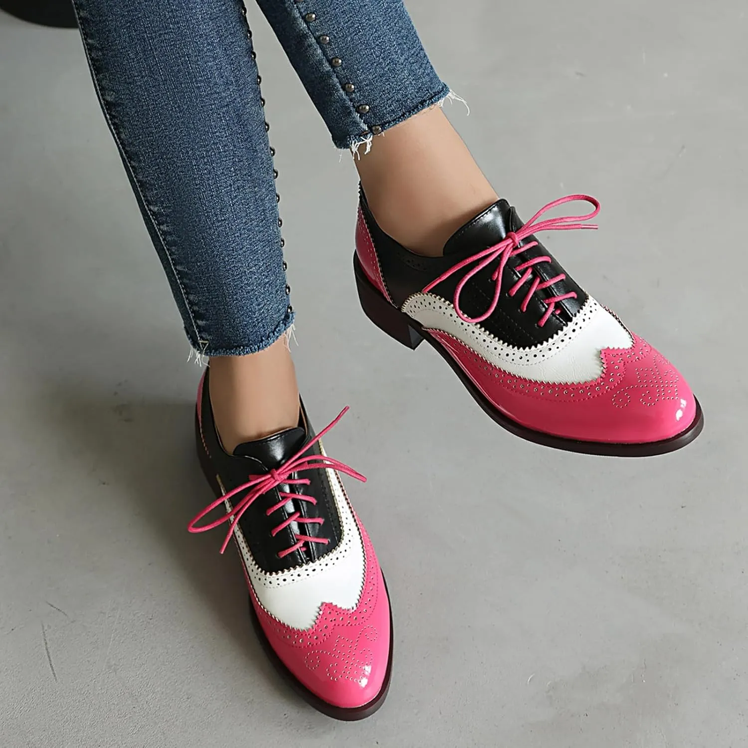 Scaoruki Leisure Oxford Shoes Women Two Tone Wingtip Brogue Shoes