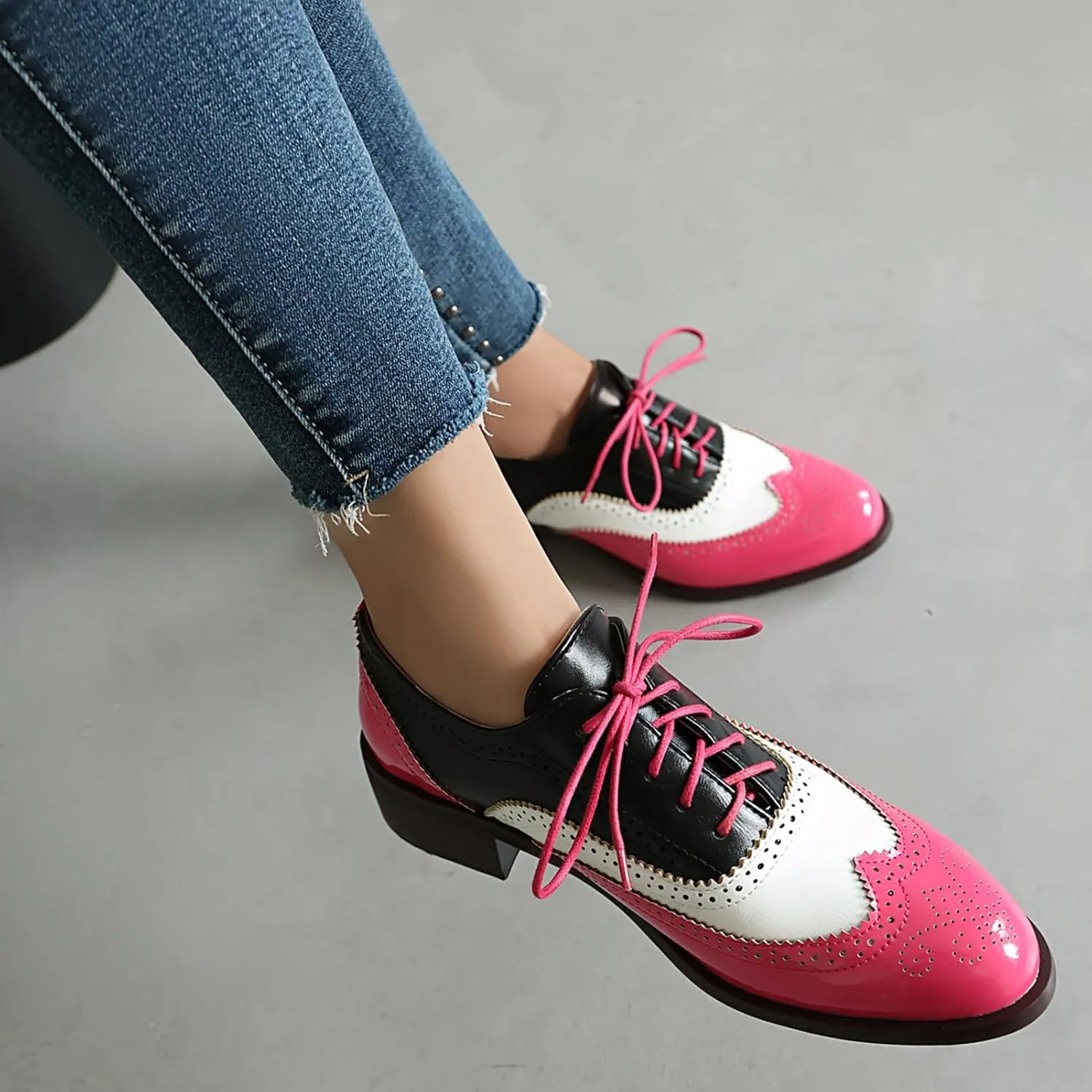 Scaoruki Leisure Oxford Shoes Women Two Tone Wingtip Brogue Shoes