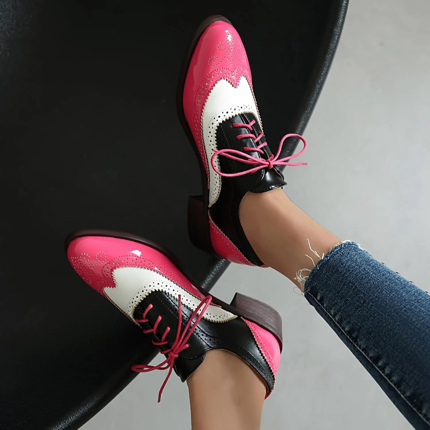 Scaoruki Leisure Oxford Shoes Women Two Tone Wingtip Brogue Shoes